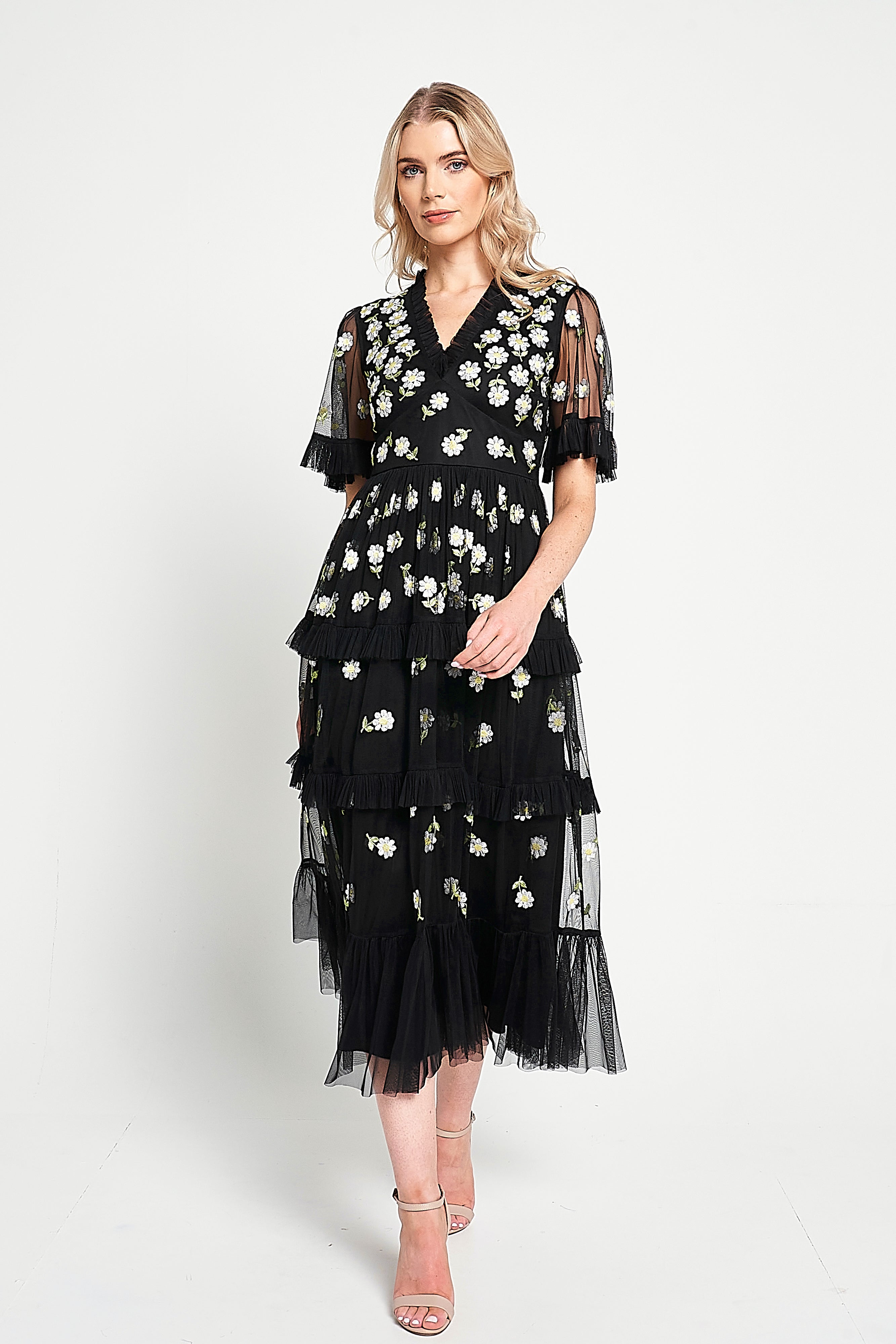 Amy Black Floral Embroidered Midi Dress