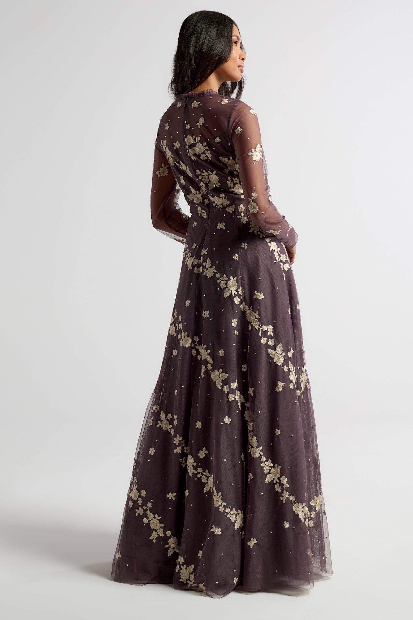 Anastasia purple floral embroidered maxi dress by Frock and Frill, romantic long sleeve gown for weddings, garden parties and prom. 