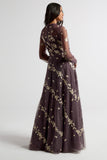 Anastasia purple floral embroidered maxi dress by Frock and Frill, romantic long sleeve gown for weddings, garden parties and prom. 