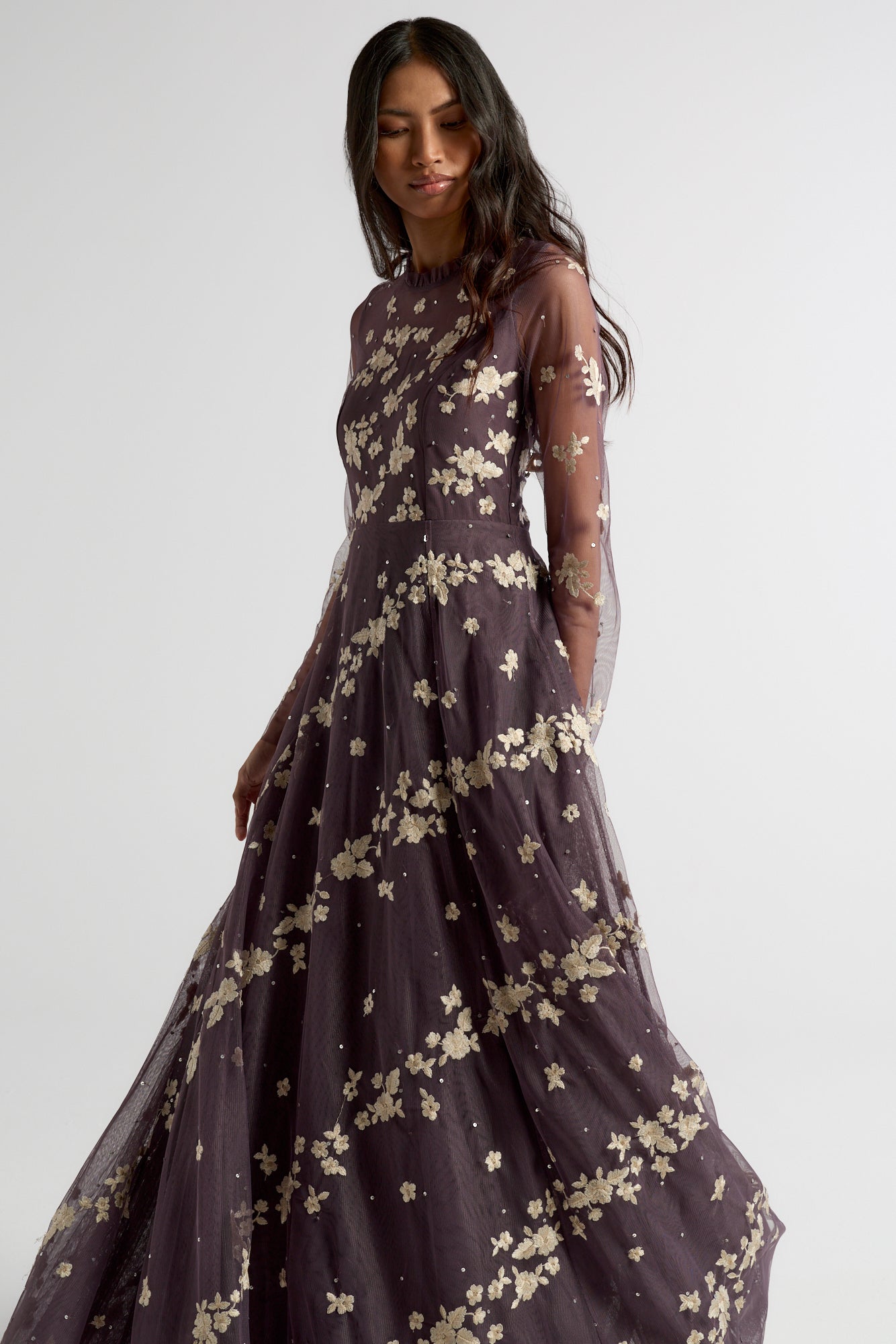 Anastasia purple floral embroidered maxi dress by Frock and Frill, romantic long sleeve gown for weddings, garden parties and prom. 