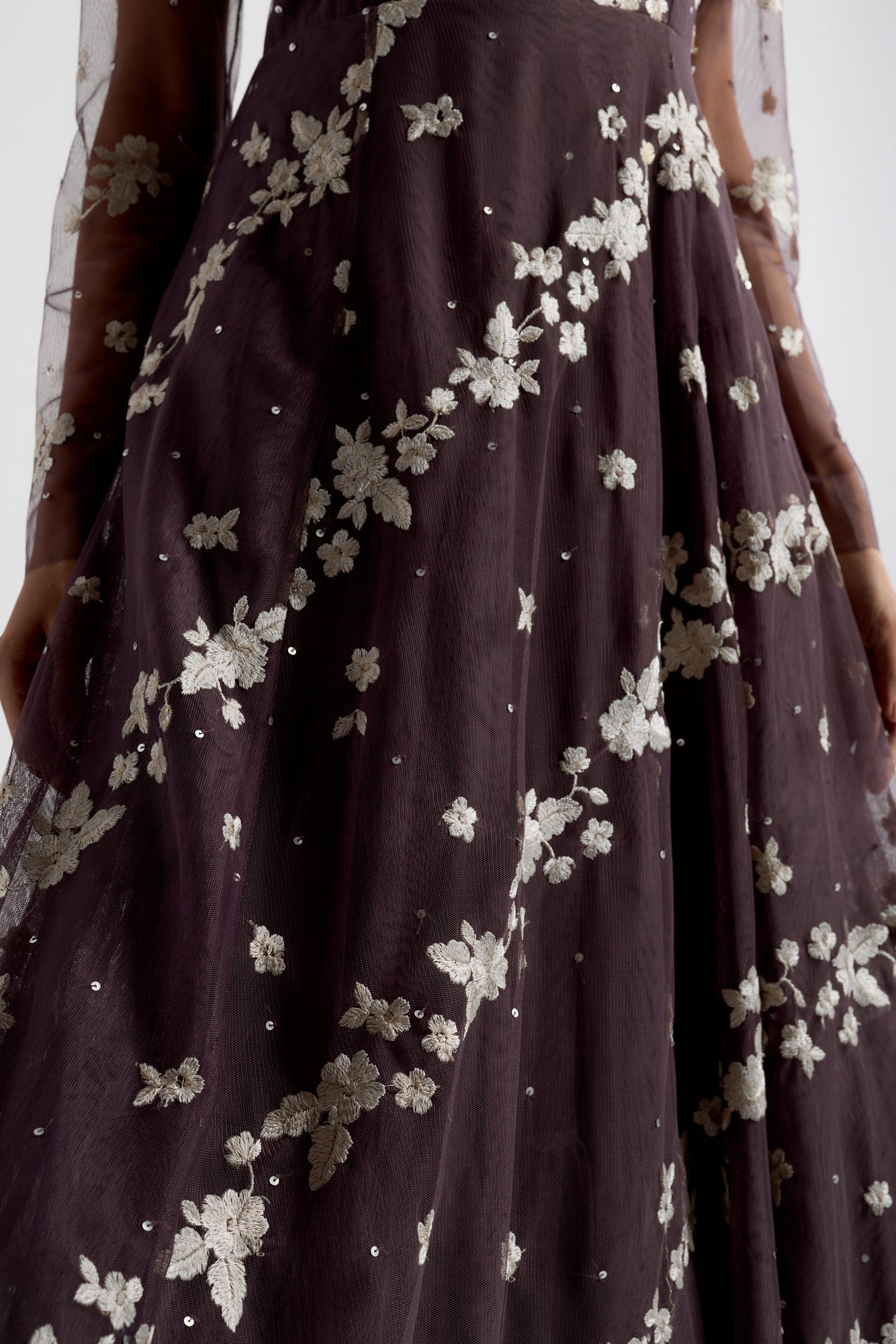 Anastasia purple floral embroidered maxi dress by Frock and Frill, romantic long sleeve gown for weddings, garden parties and prom. 