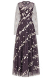 Anastasia purple floral embroidered maxi dress by Frock and Frill, romantic long sleeve gown for weddings, garden parties and prom. 