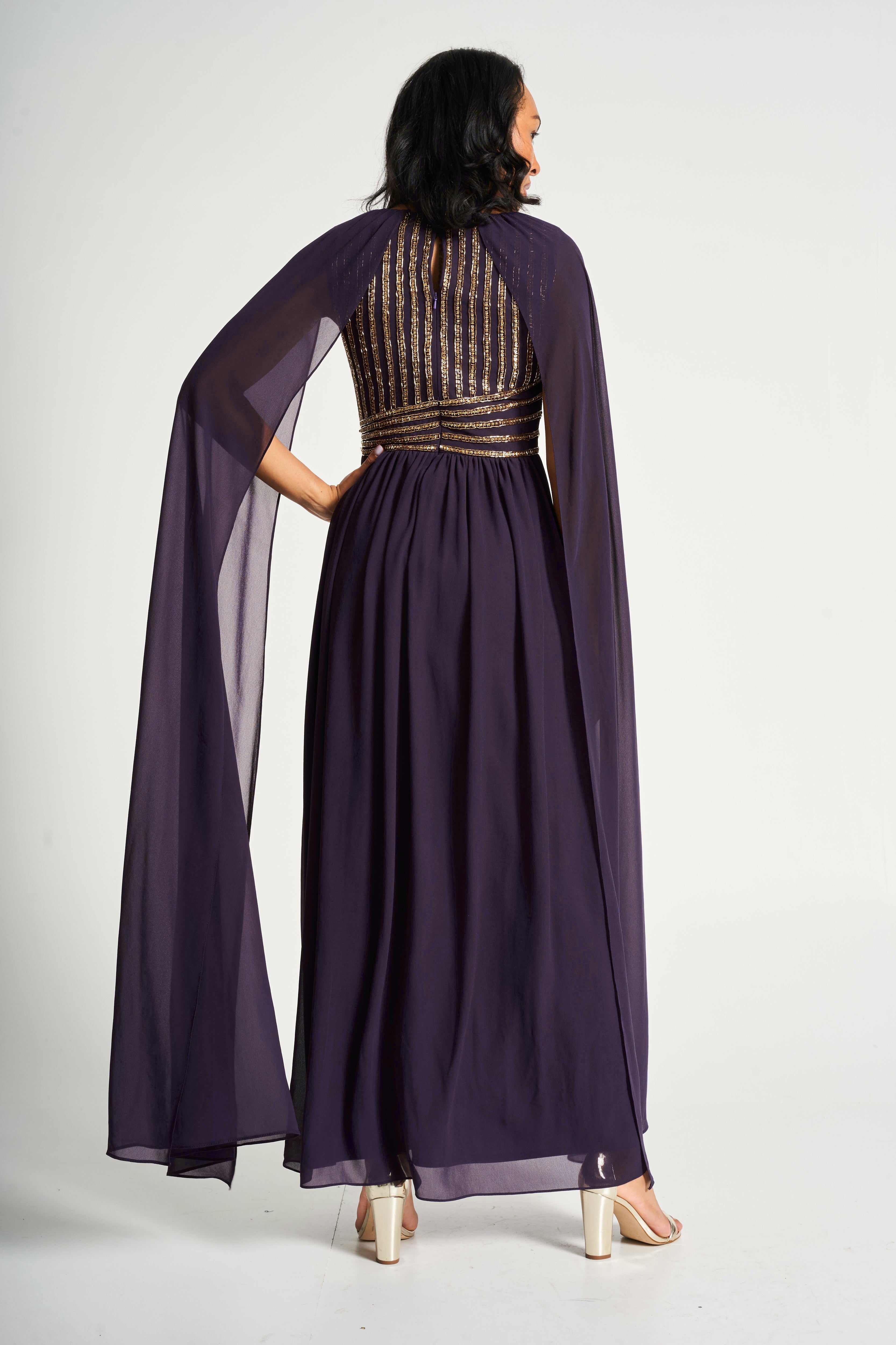 Angelina Deep Plum Sequin Cape Sleeve Maxi Dress