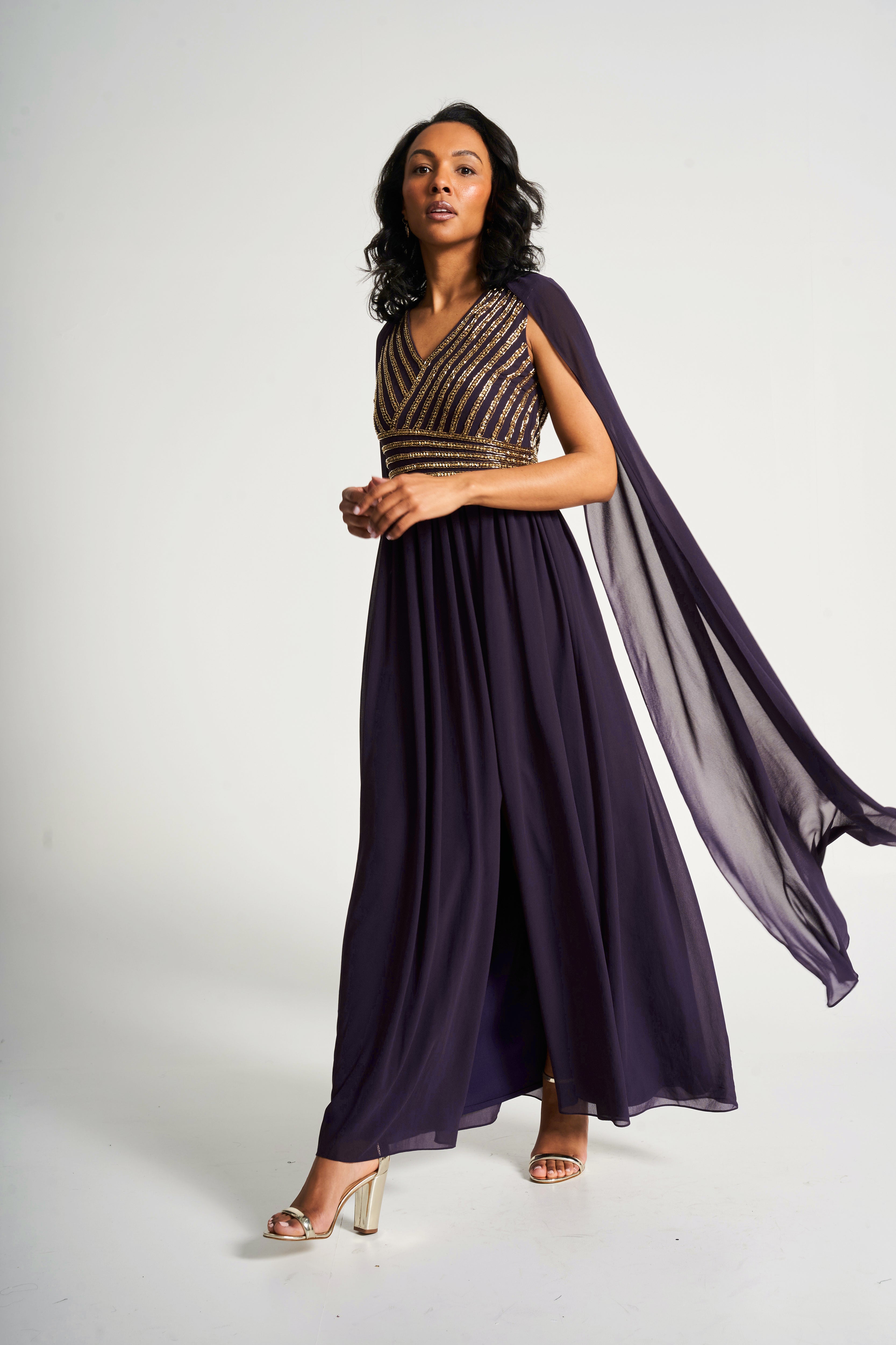 Angelina Deep Plum Sequin Cape Sleeve Maxi Dress