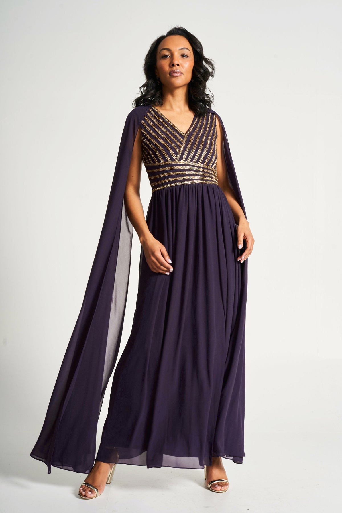 Angelina Deep Plum Sequin Cape Sleeve Maxi Dress