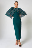 Anna storm green embellished midaxi dress with cape overlay and beadwork detailing designed for elegant wedding guest and occasion wear styling
