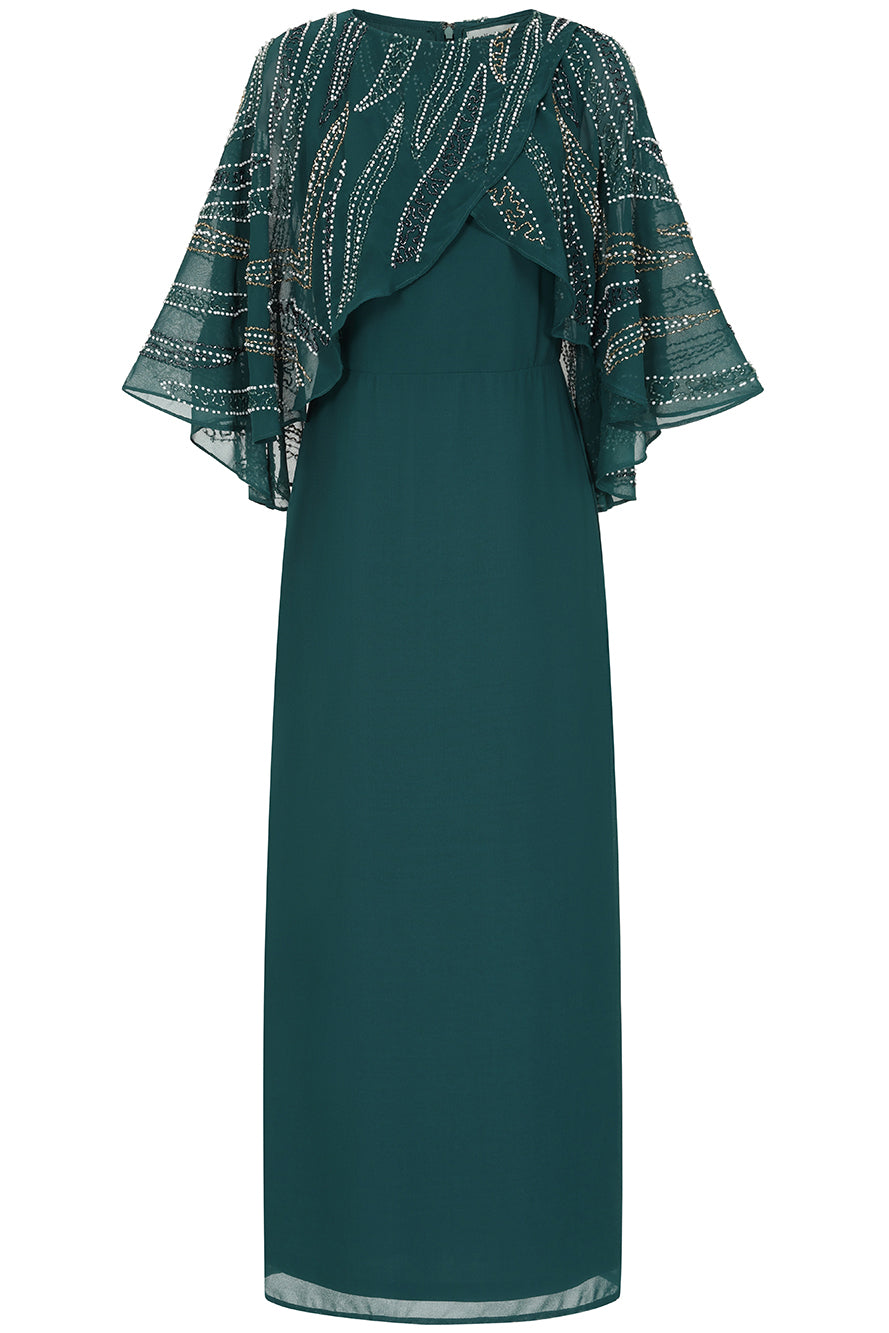 Anna storm green embellished midaxi dress with cape overlay and beadwork detailing designed for elegant wedding guest and occasion wear styling