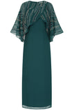 Anna storm green embellished midaxi dress with cape overlay and beadwork detailing designed for elegant wedding guest and occasion wear styling