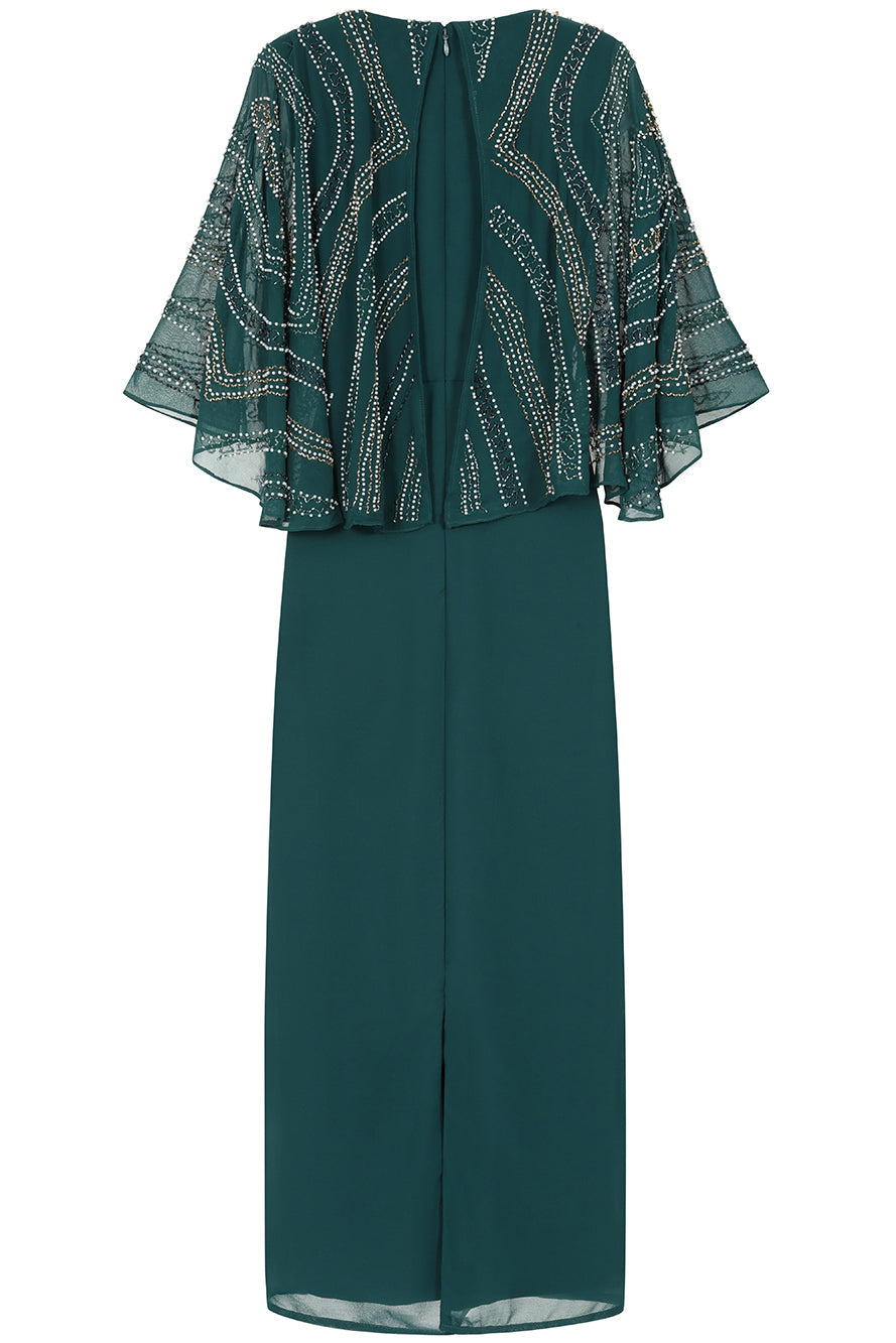 Anna storm green embellished midaxi dress with cape overlay and beadwork detailing designed for elegant wedding guest and occasion wear styling
