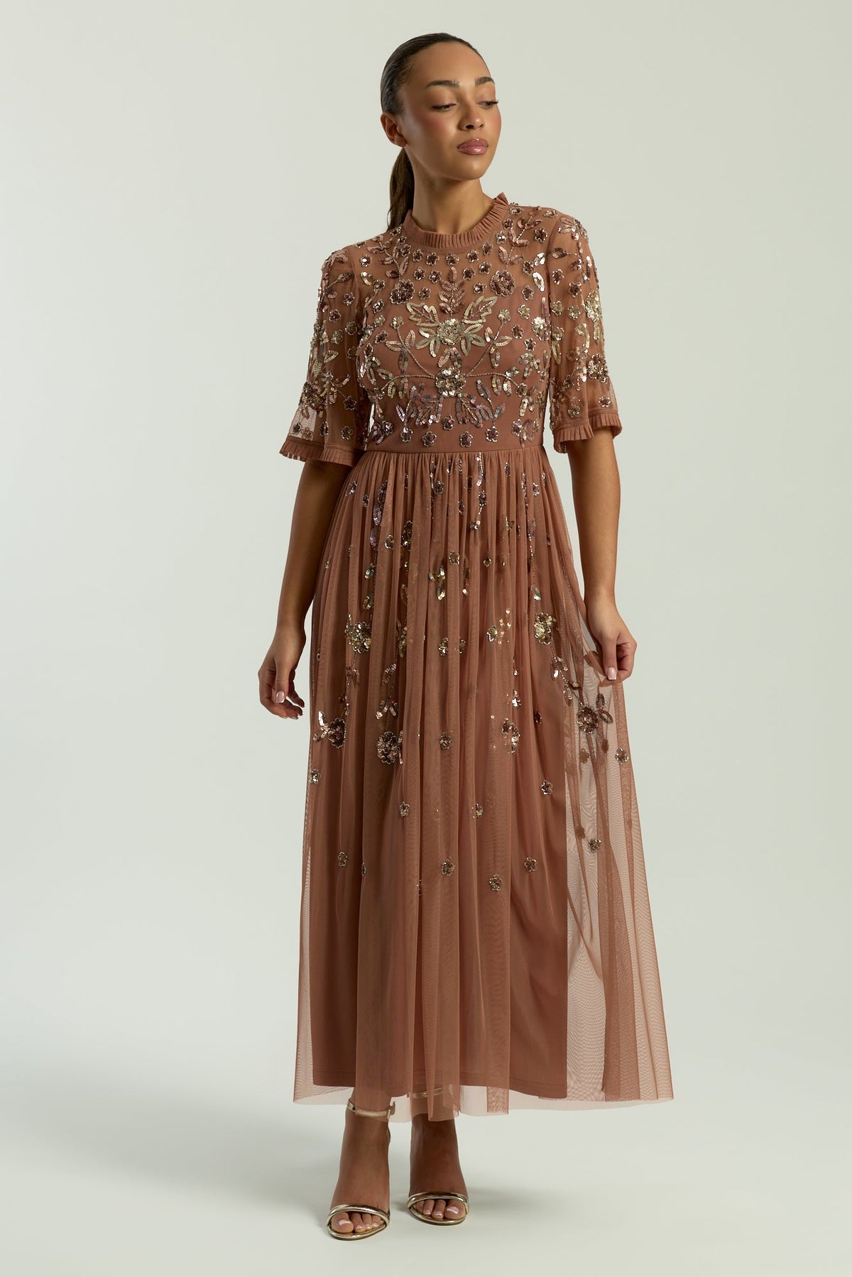 Annelise Bronze Floral Embellished Midaxi Dress