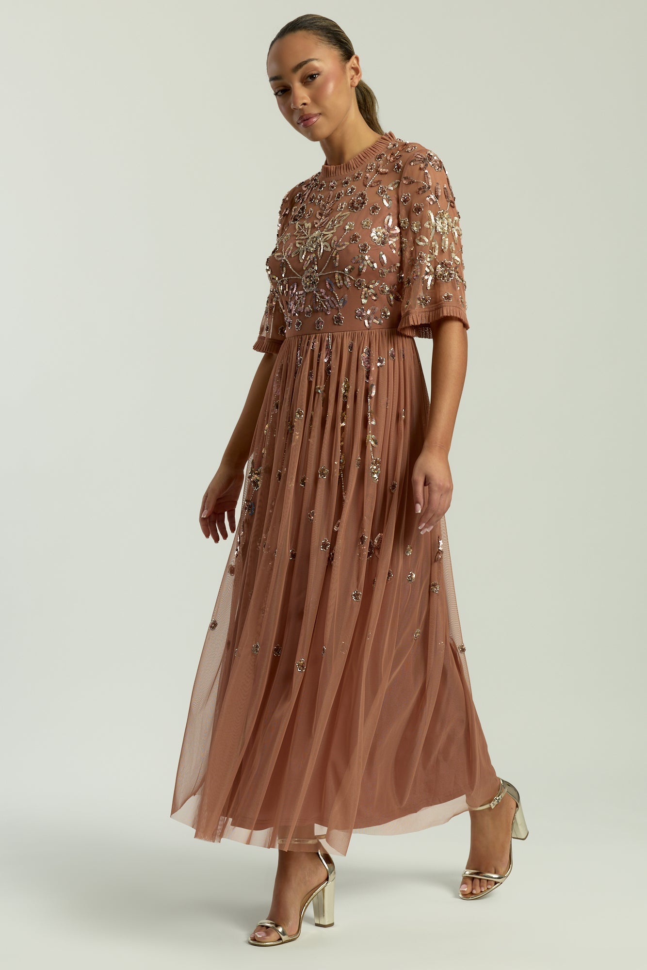 Annelise Bronze Floral Embellished Midaxi Dress