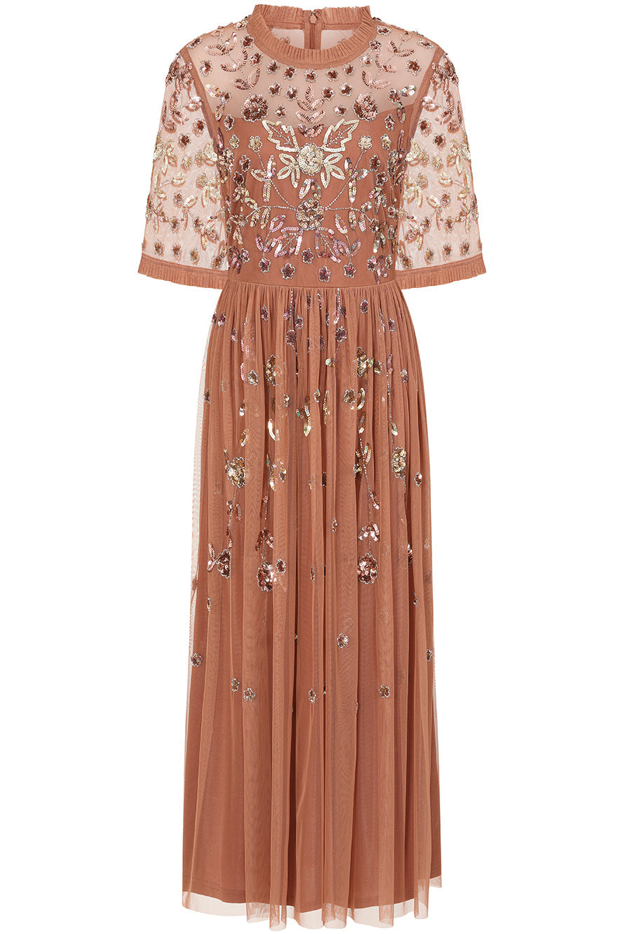 Annelise Bronze Floral Embellished Midaxi Dress