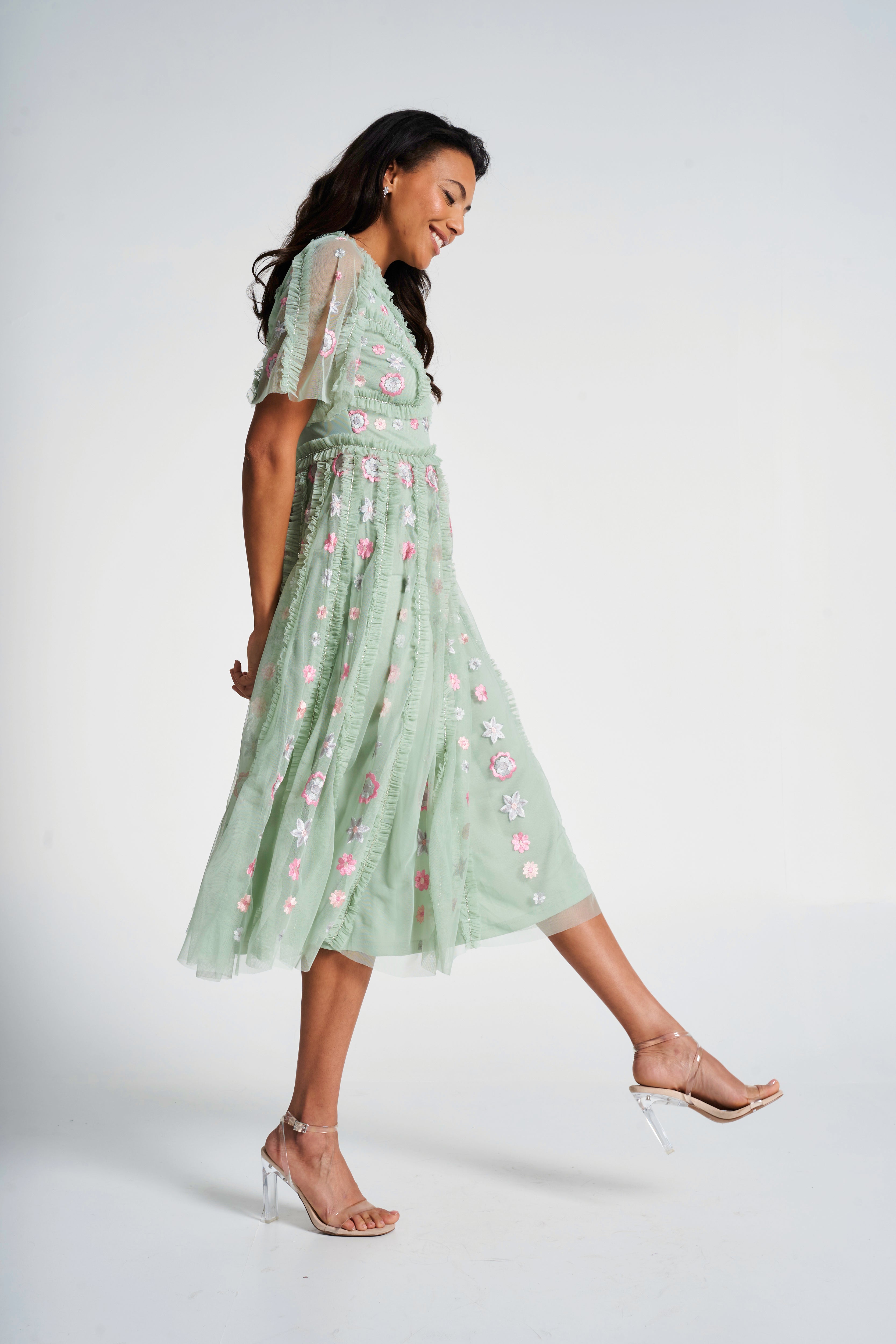 Anthea Green Floral Embroidered Midi Dress