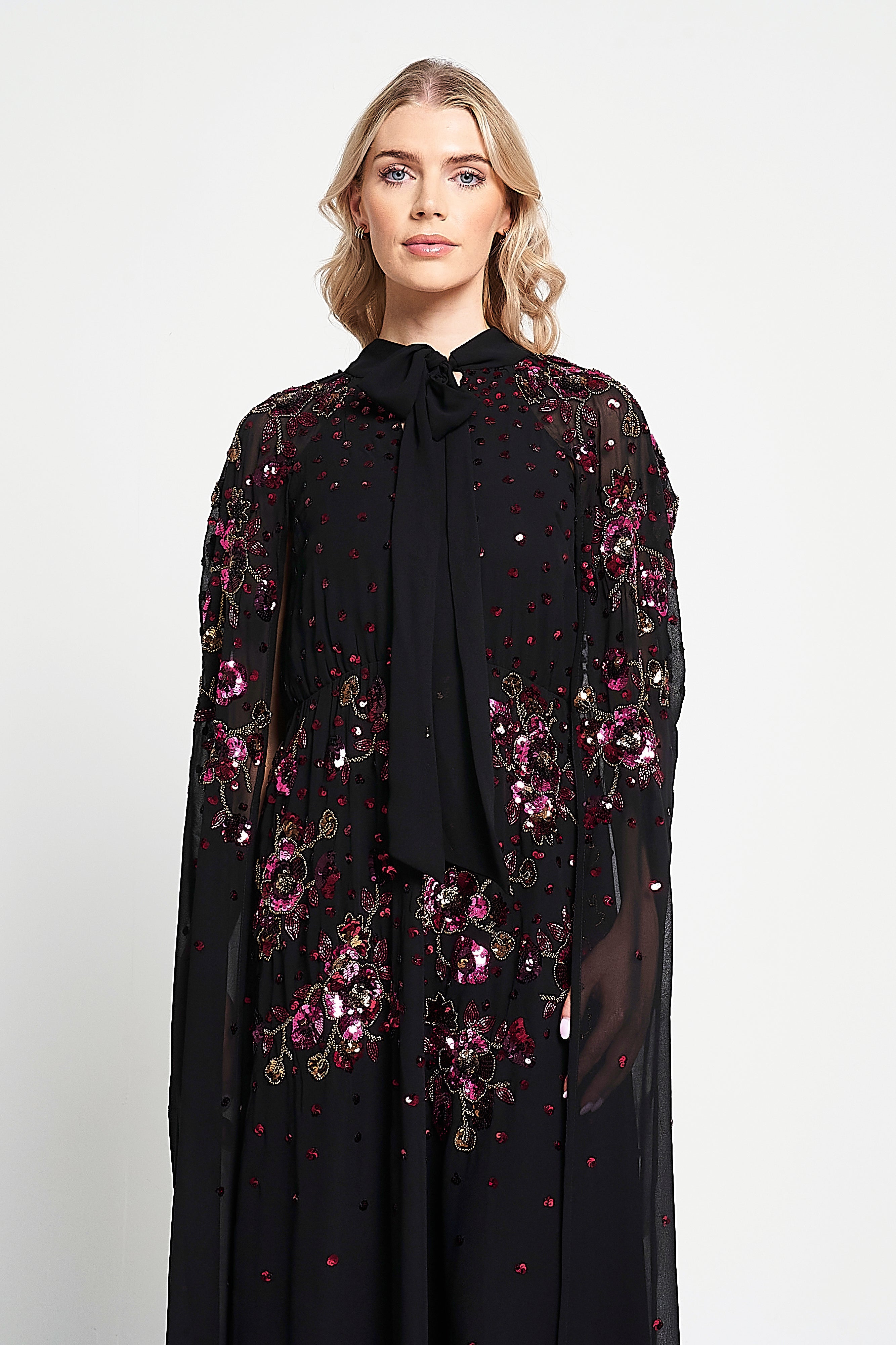 Anya Black Embellished Cape Sleeve Maxi Dress