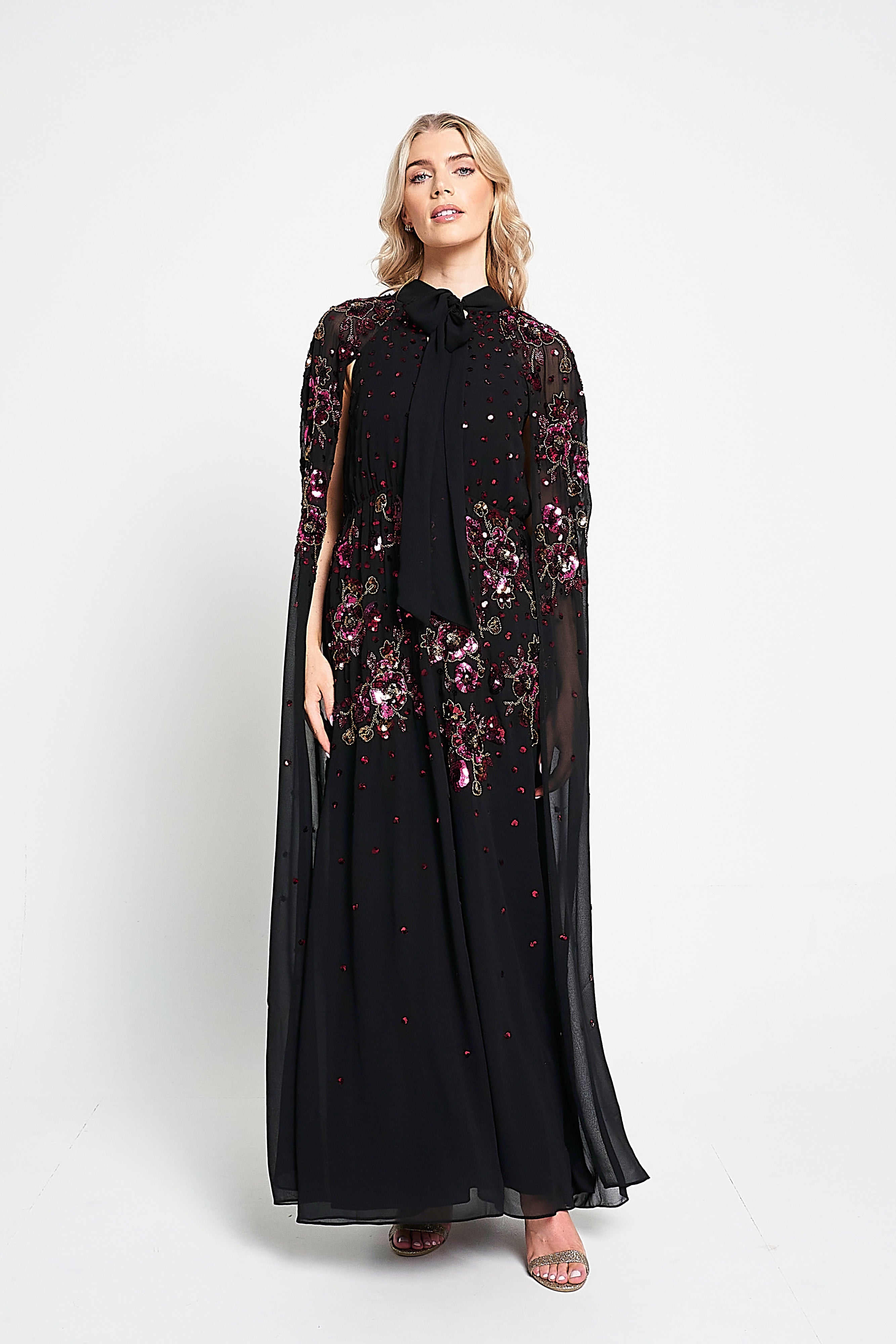 Anya Black Embellished Cape Sleeve Maxi Dress