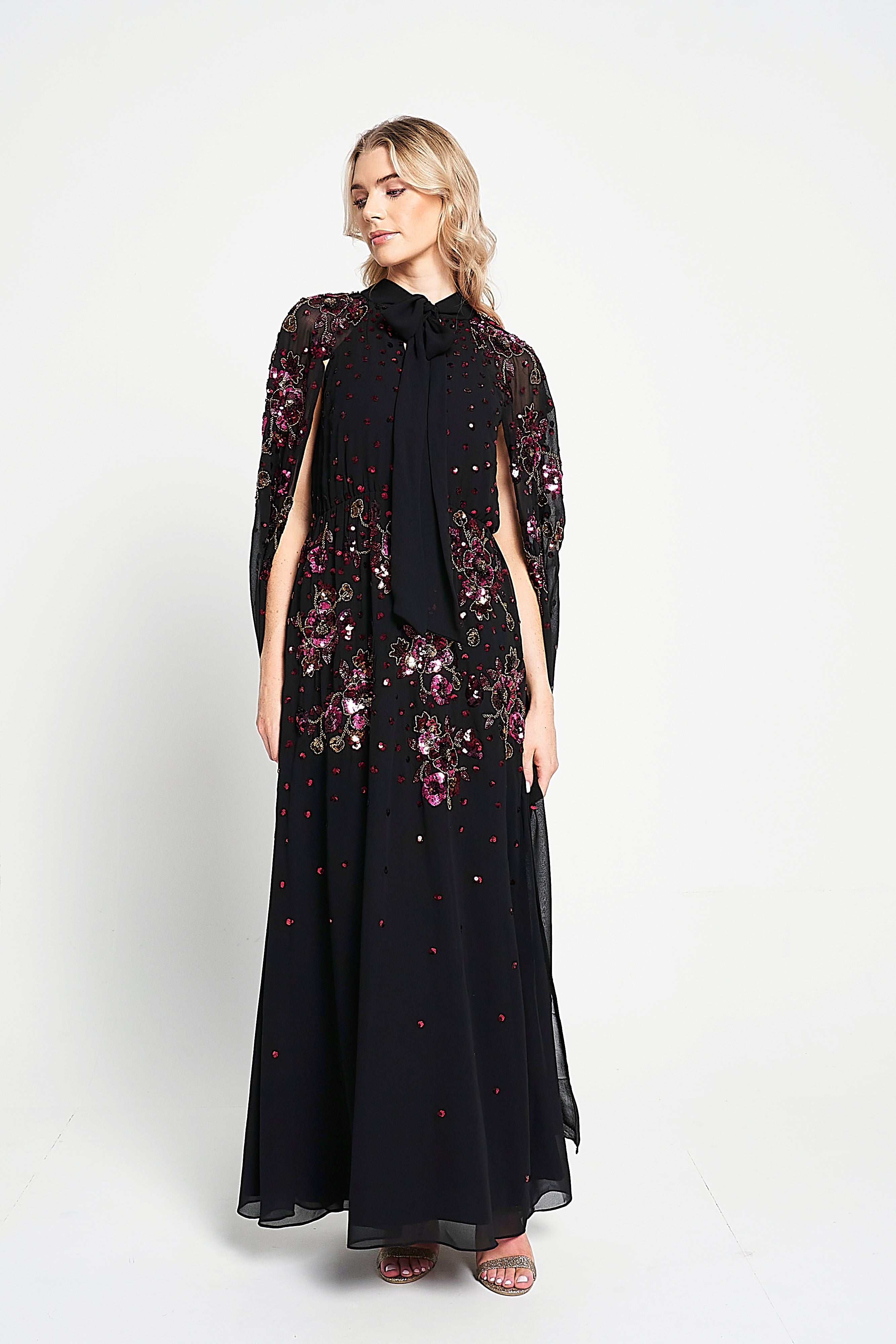 Anya Black Embellished Cape Sleeve Maxi Dress
