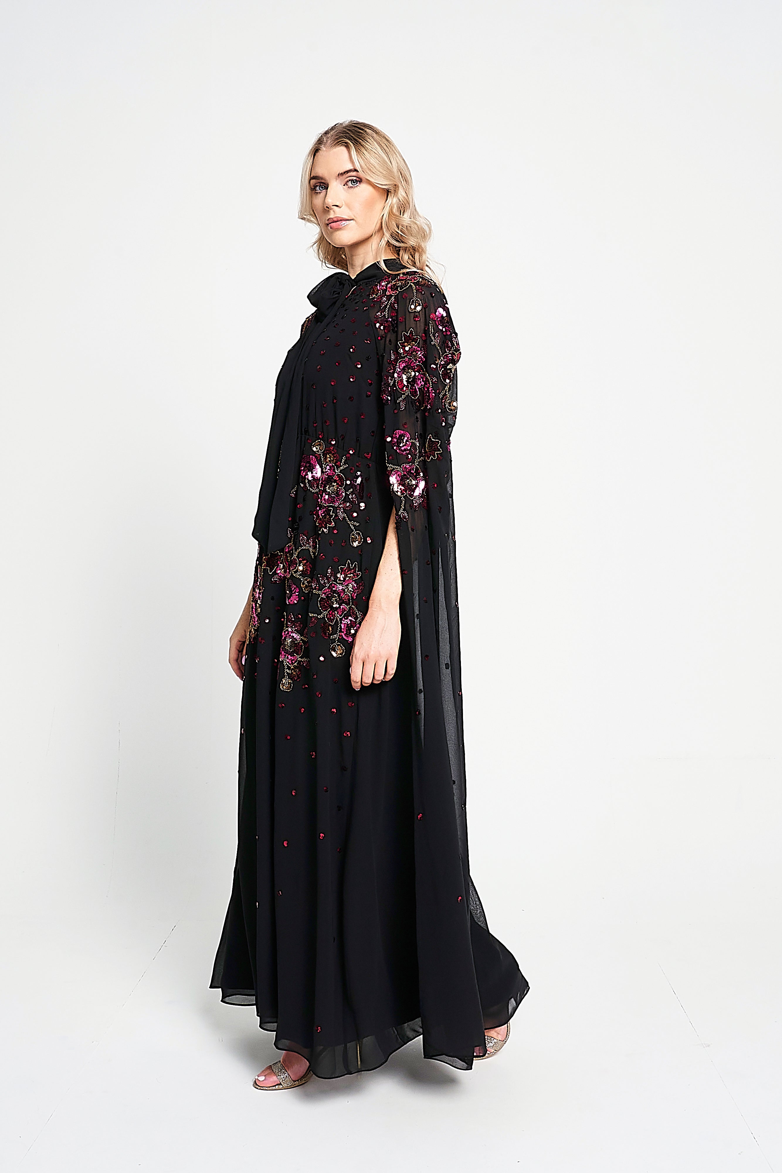 Anya Black Embellished Cape Sleeve Maxi Dress