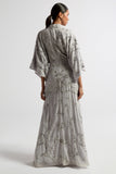 Aramina Silver Embellished Maxi Dress with long sleeves, floor-length silhouette, beaded and sequined detailing, modest evening gown for weddings and formal events.