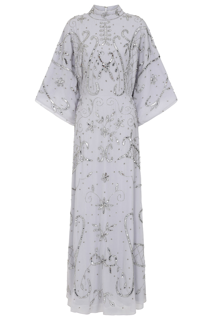 Aramina Silver Embellished Maxi Dress with long sleeves, floor-length silhouette, beaded and sequined detailing, modest evening gown for weddings and formal events.
