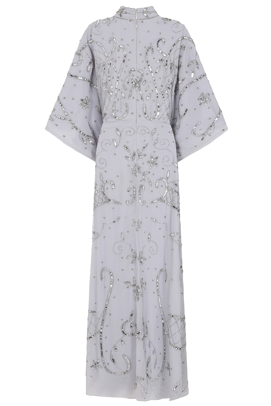 Aramina Silver Embellished Maxi Dress with long sleeves, floor-length silhouette, beaded and sequined detailing, modest evening gown for weddings and formal events.