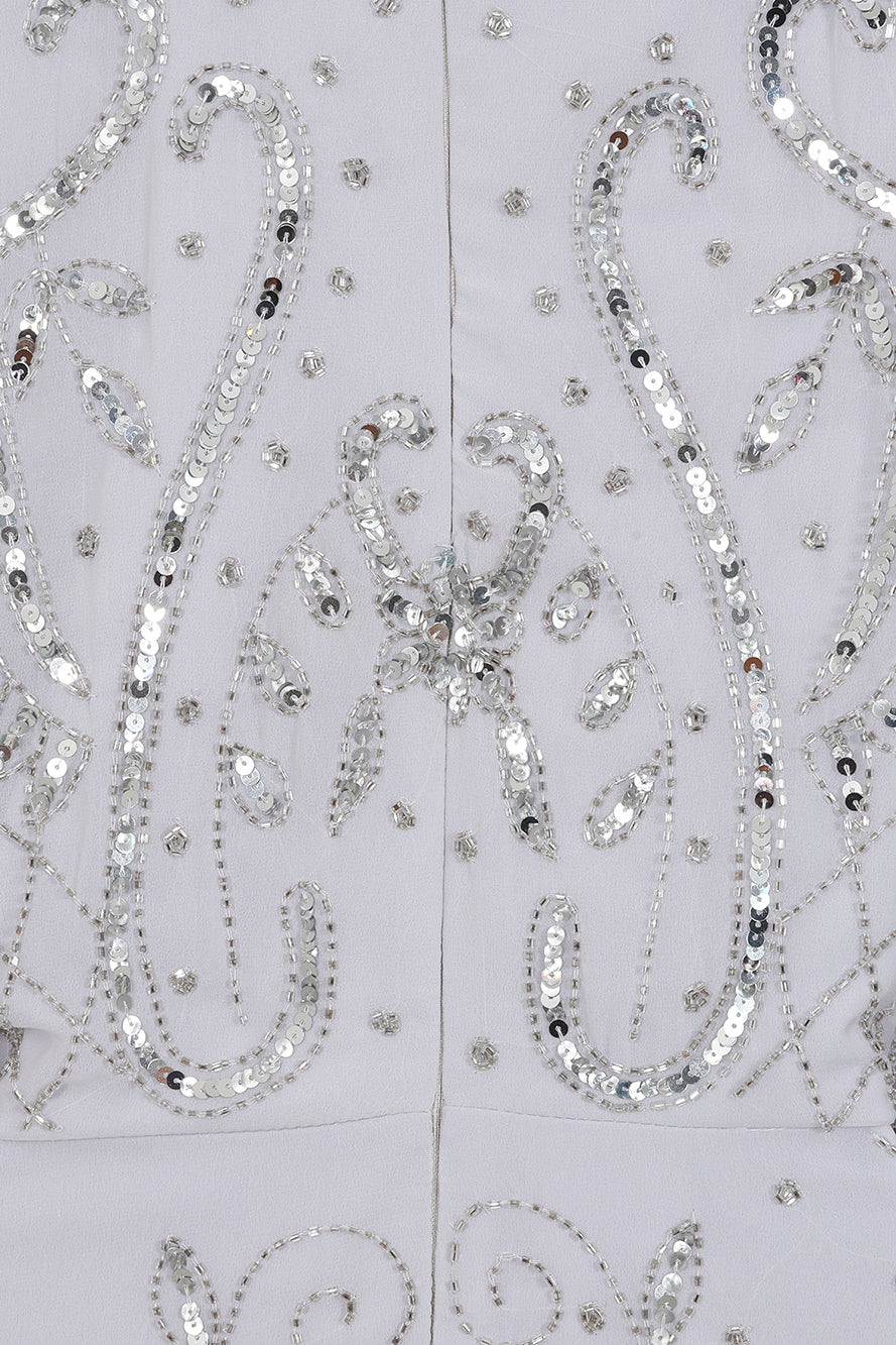 Aramina Silver Embellished Maxi Dress with long sleeves, floor-length silhouette, beaded and sequined detailing, modest evening gown for weddings and formal events.