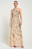 Arlene one shoulder cape sleeve embellished maxi dress in nude gold with sequin detailing designed for elegant evening and occasion wear styling