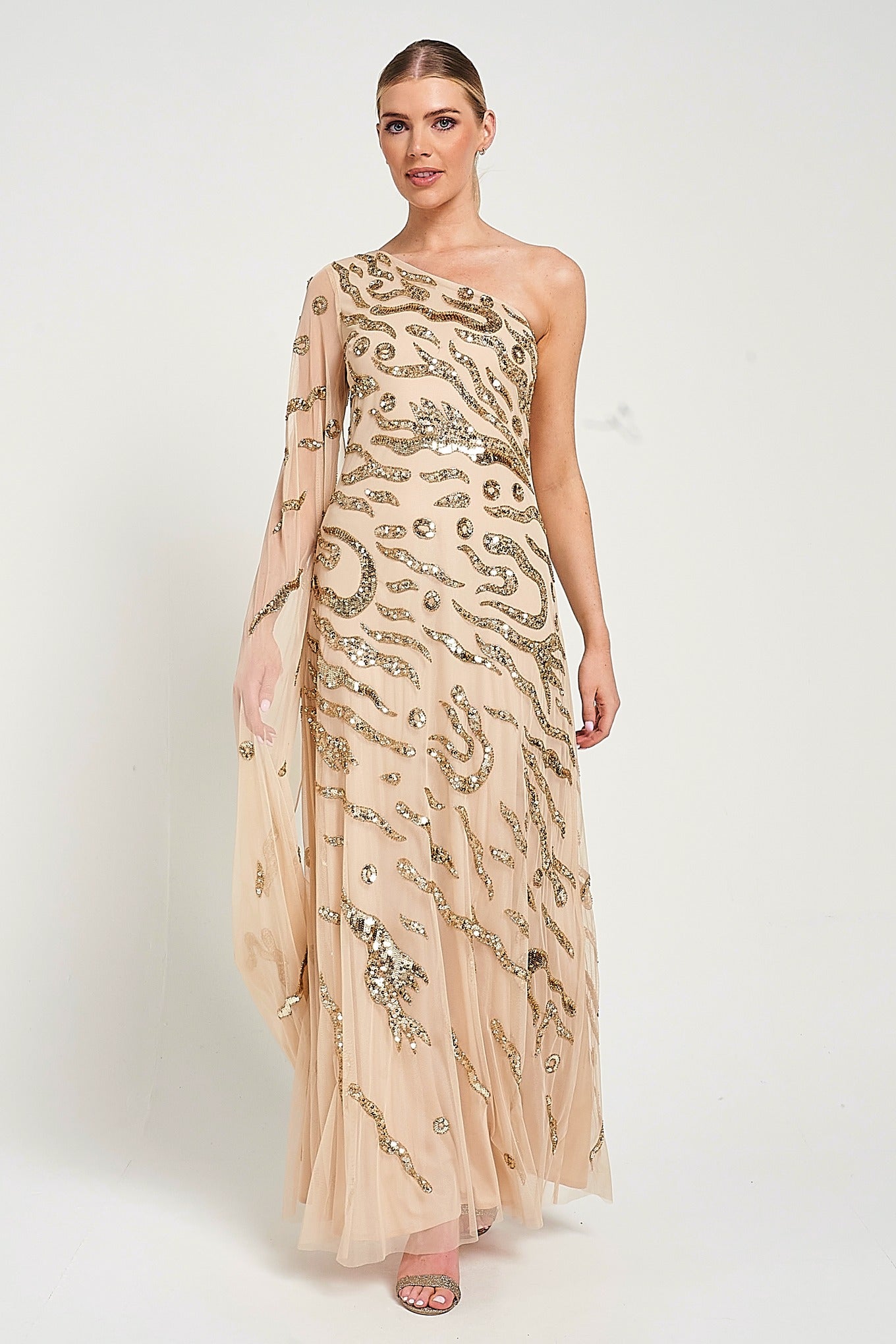 Arlene One Shoulder Cape Sleeve Embellished Maxi Dress