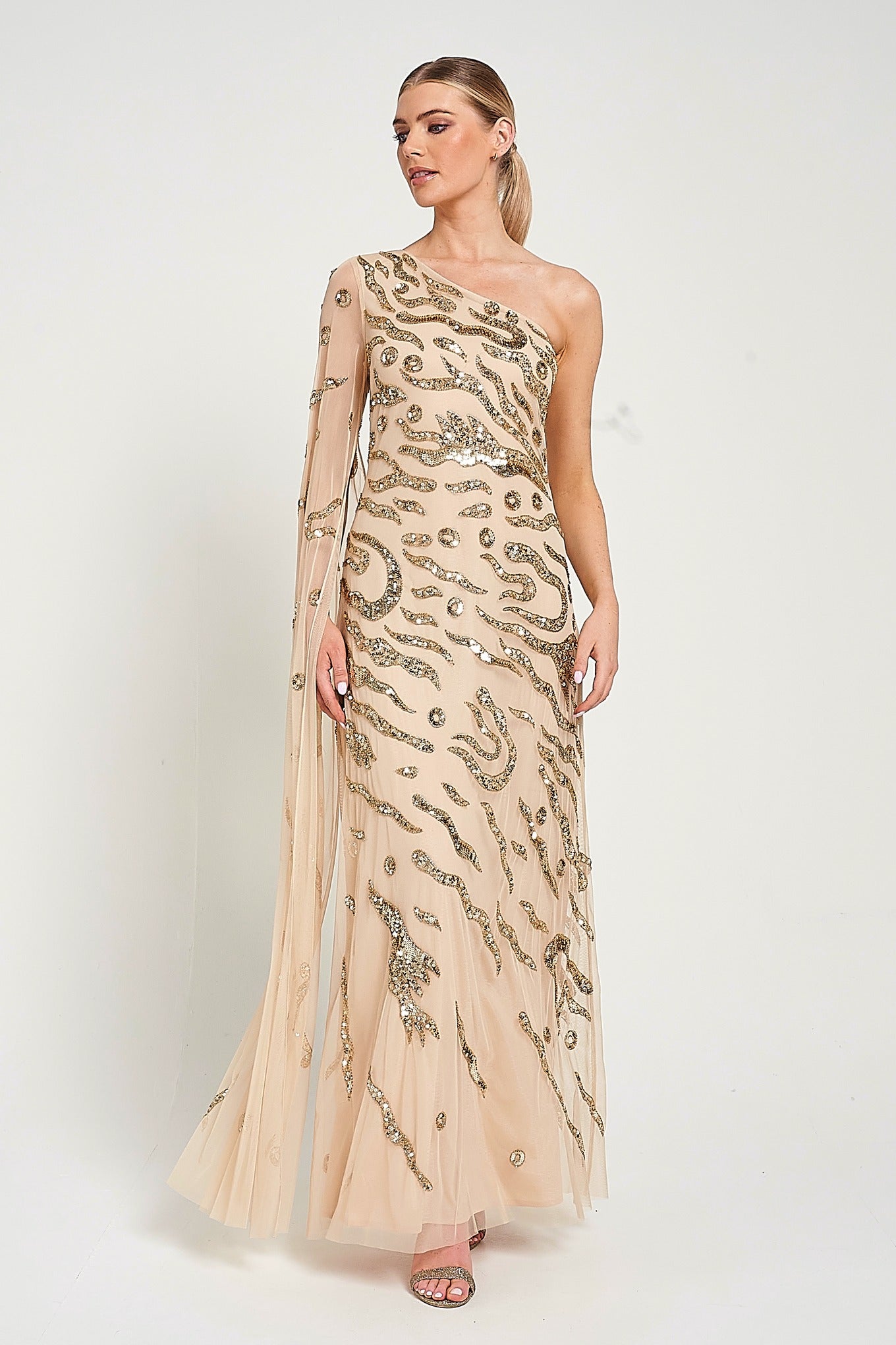 Arlene One Shoulder Cape Sleeve Embellished Maxi Dress