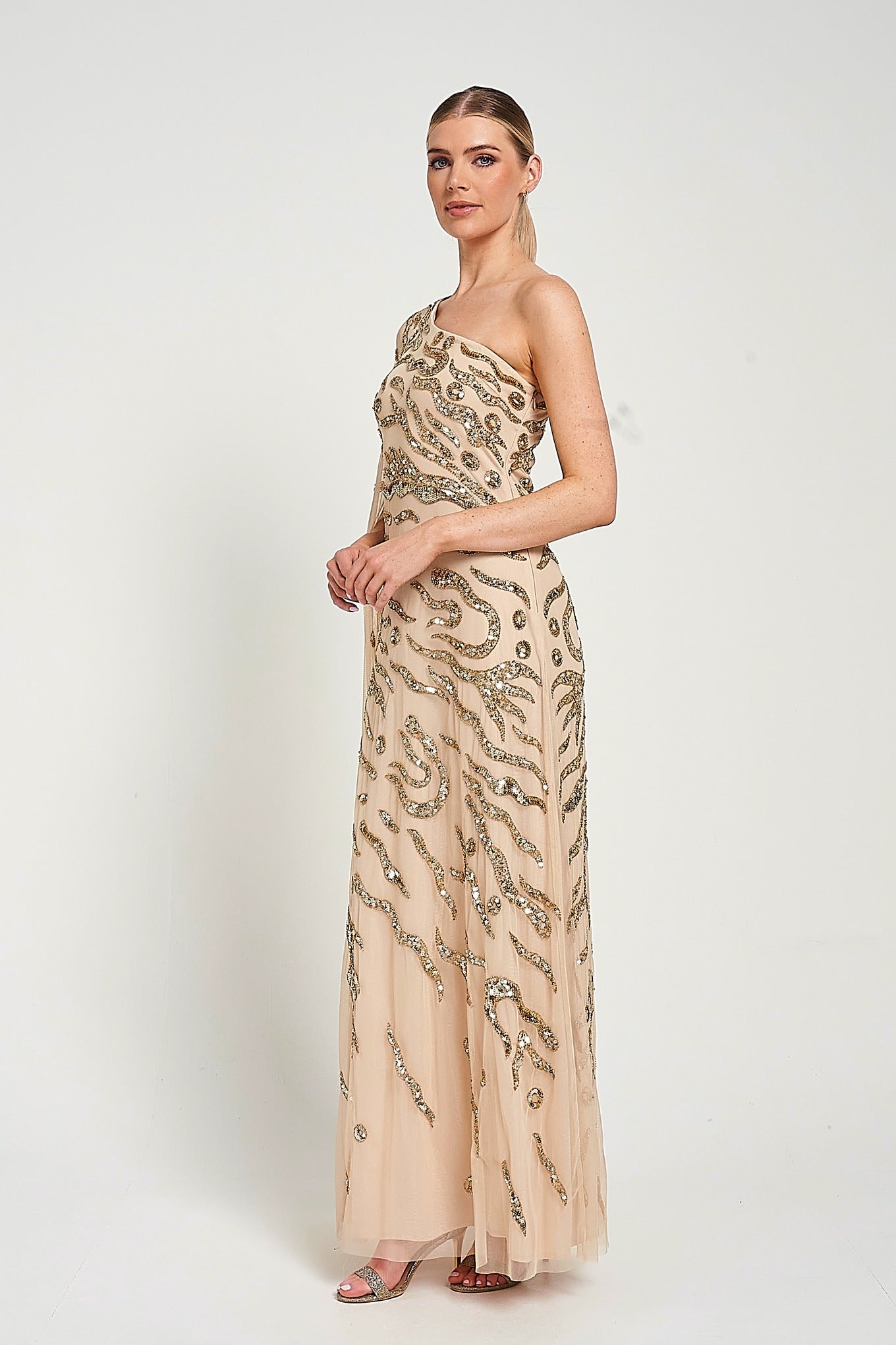 Arlene One Shoulder Cape Sleeve Embellished Maxi Dress