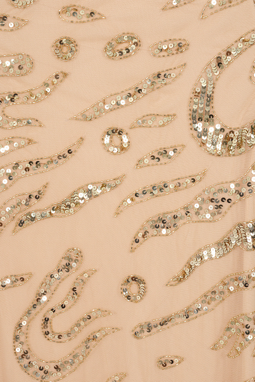 Arlene one shoulder cape sleeve embellished maxi dress in nude gold with sequin detailing designed for elegant evening and occasion wear styling