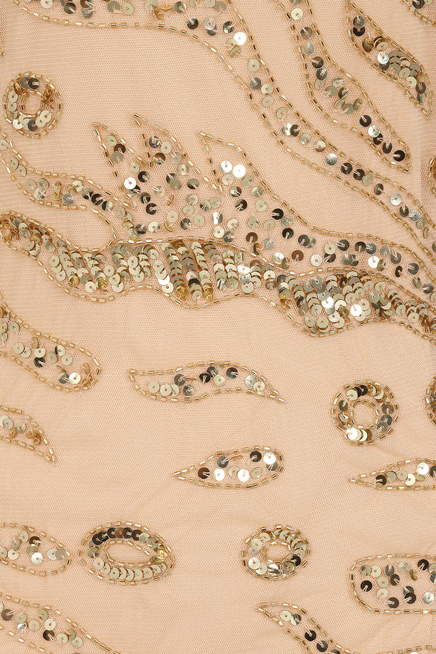 Arlene one shoulder cape sleeve embellished maxi dress in nude gold with sequin detailing designed for elegant evening and occasion wear styling