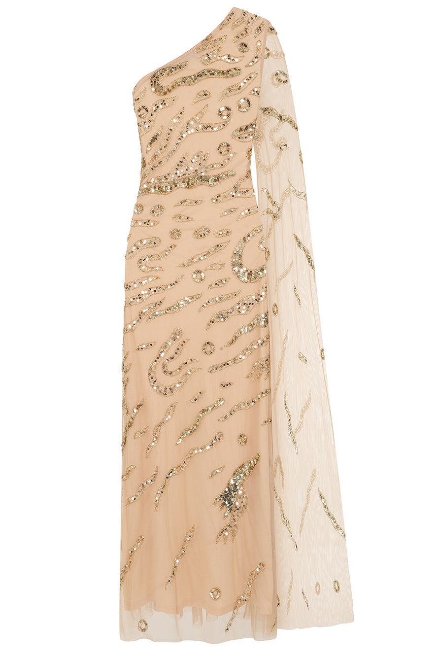 Arlene one shoulder cape sleeve embellished maxi dress in nude gold with sequin detailing designed for elegant evening and occasion wear styling