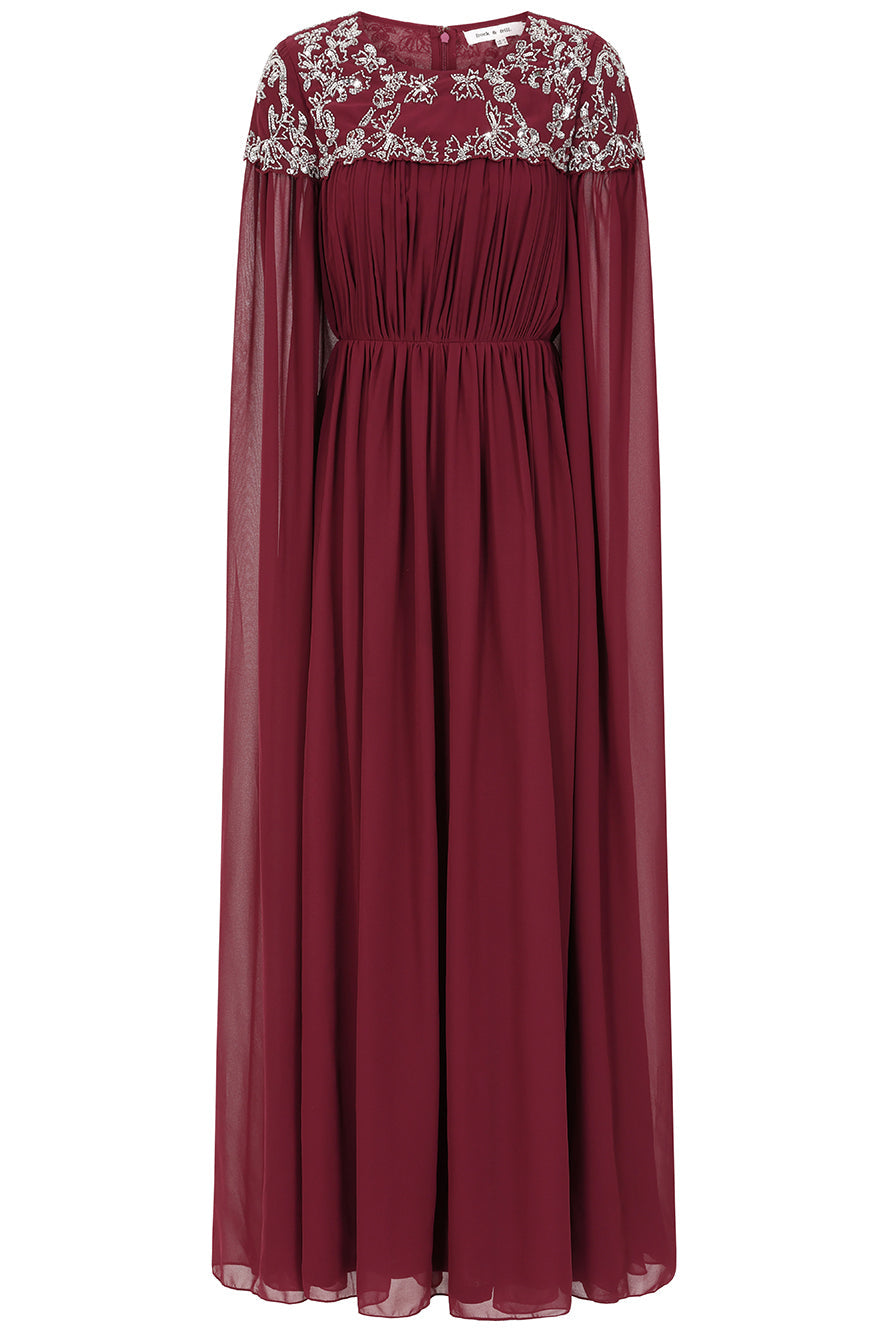 Aruna Burgundy Embellished Cape Sleeve Maxi Dress