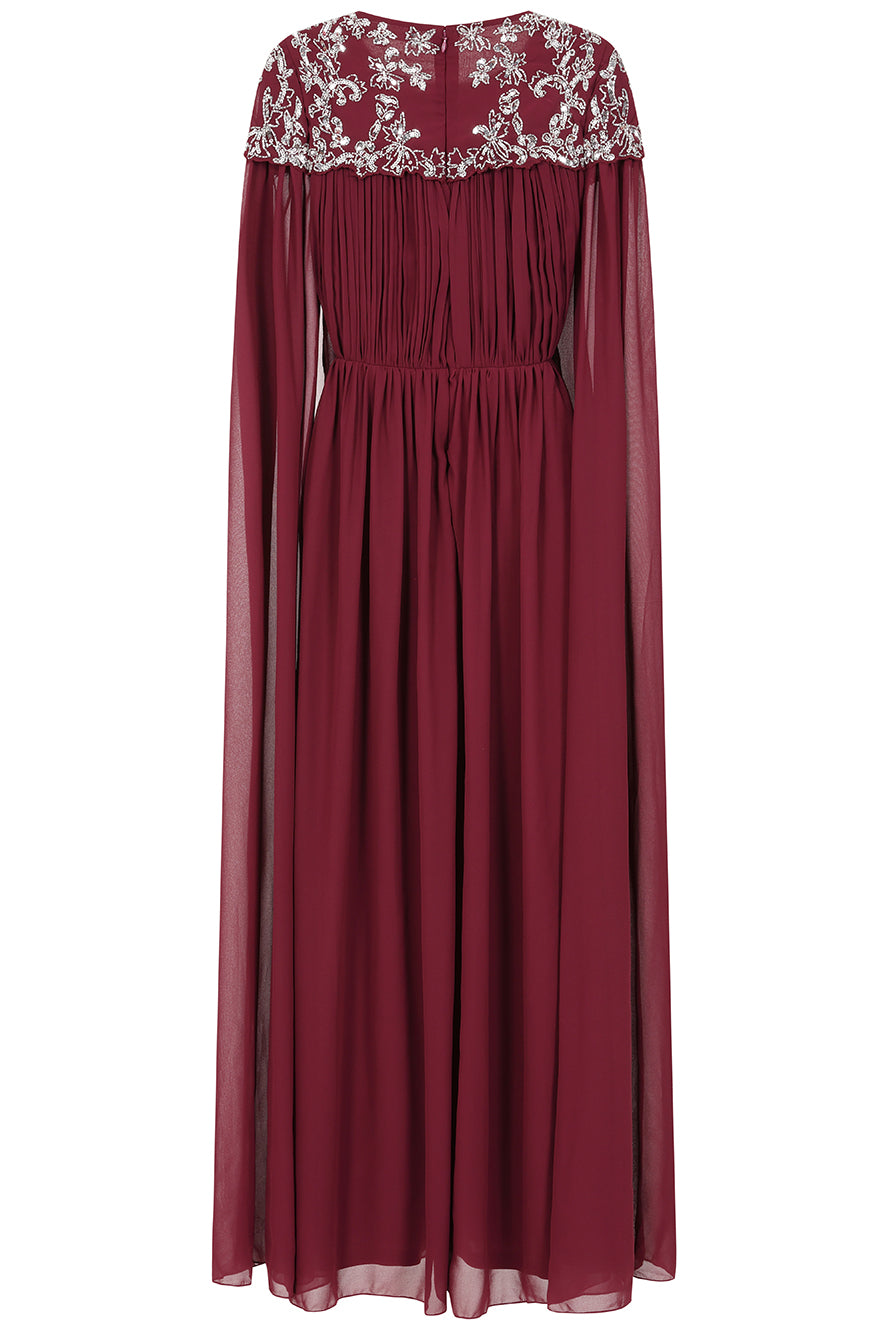 Aruna Burgundy Embellished Cape Sleeve Maxi Dress