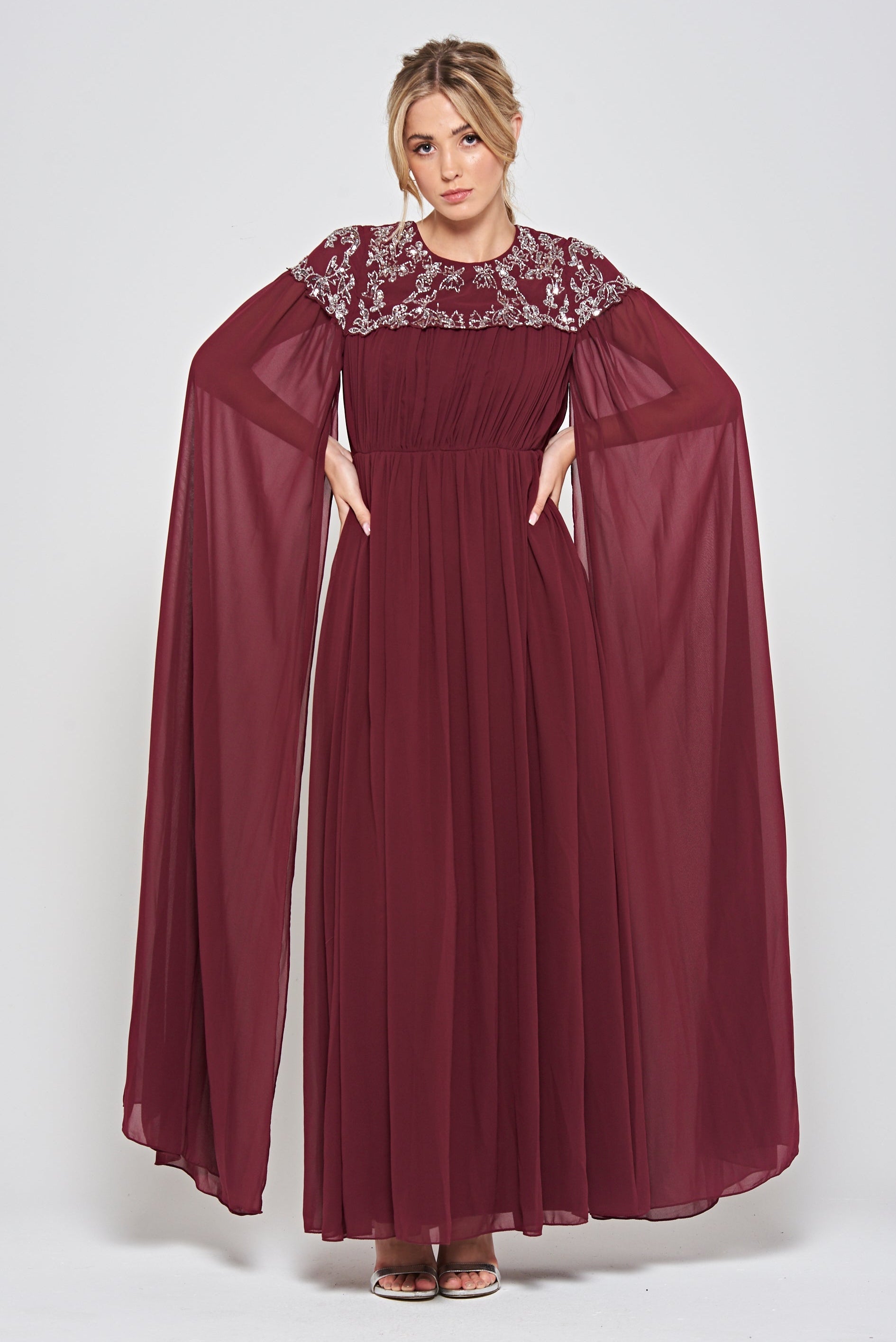 Aruna Burgundy Embellished Cape Sleeve Maxi Dress