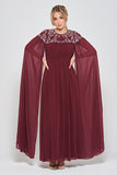 Aruna Burgundy Embellished Cape Sleeve Maxi Dress