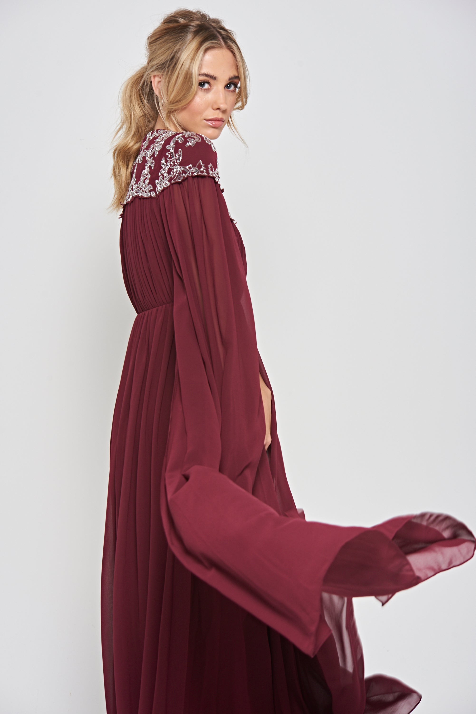 Aruna Burgundy Embellished Cape Sleeve Maxi Dress