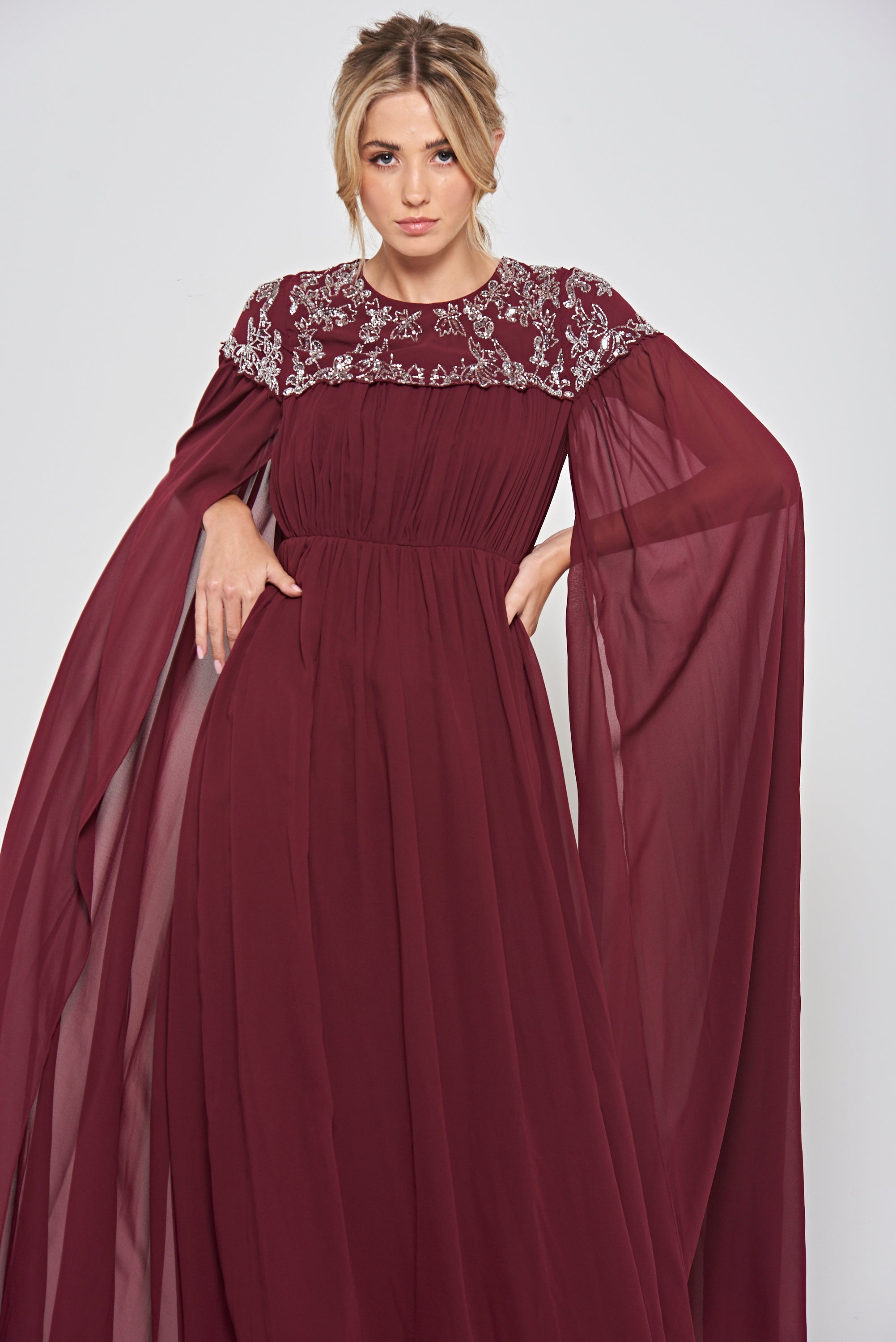 Aruna Burgundy Embellished Cape Sleeve Maxi Dress
