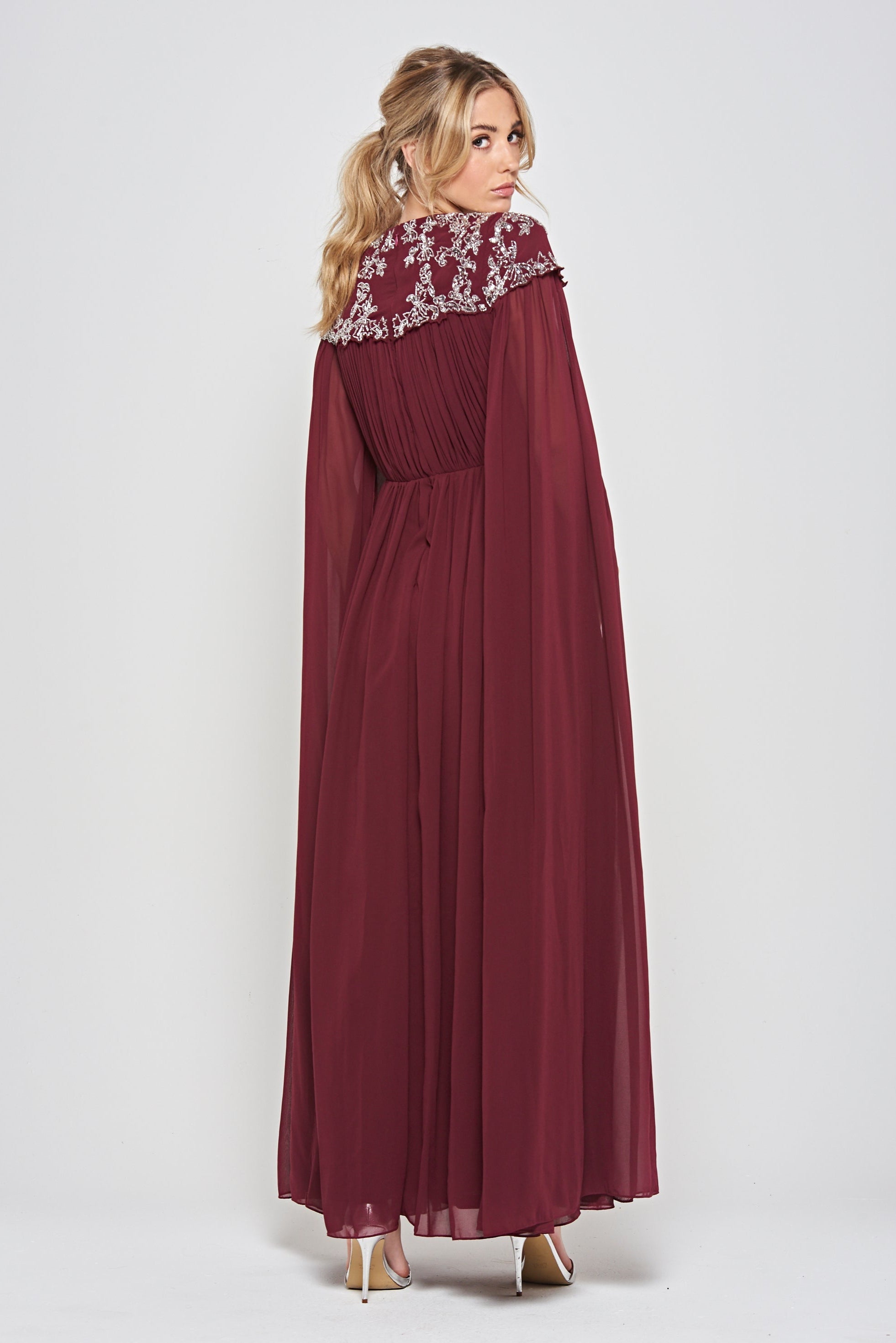 Aruna Burgundy Embellished Cape Sleeve Maxi Dress