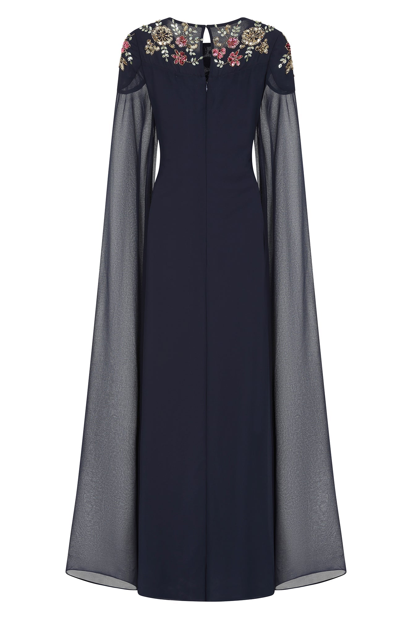 Aster Navy Floral Embellished Cape Sleeve Maxi Dress