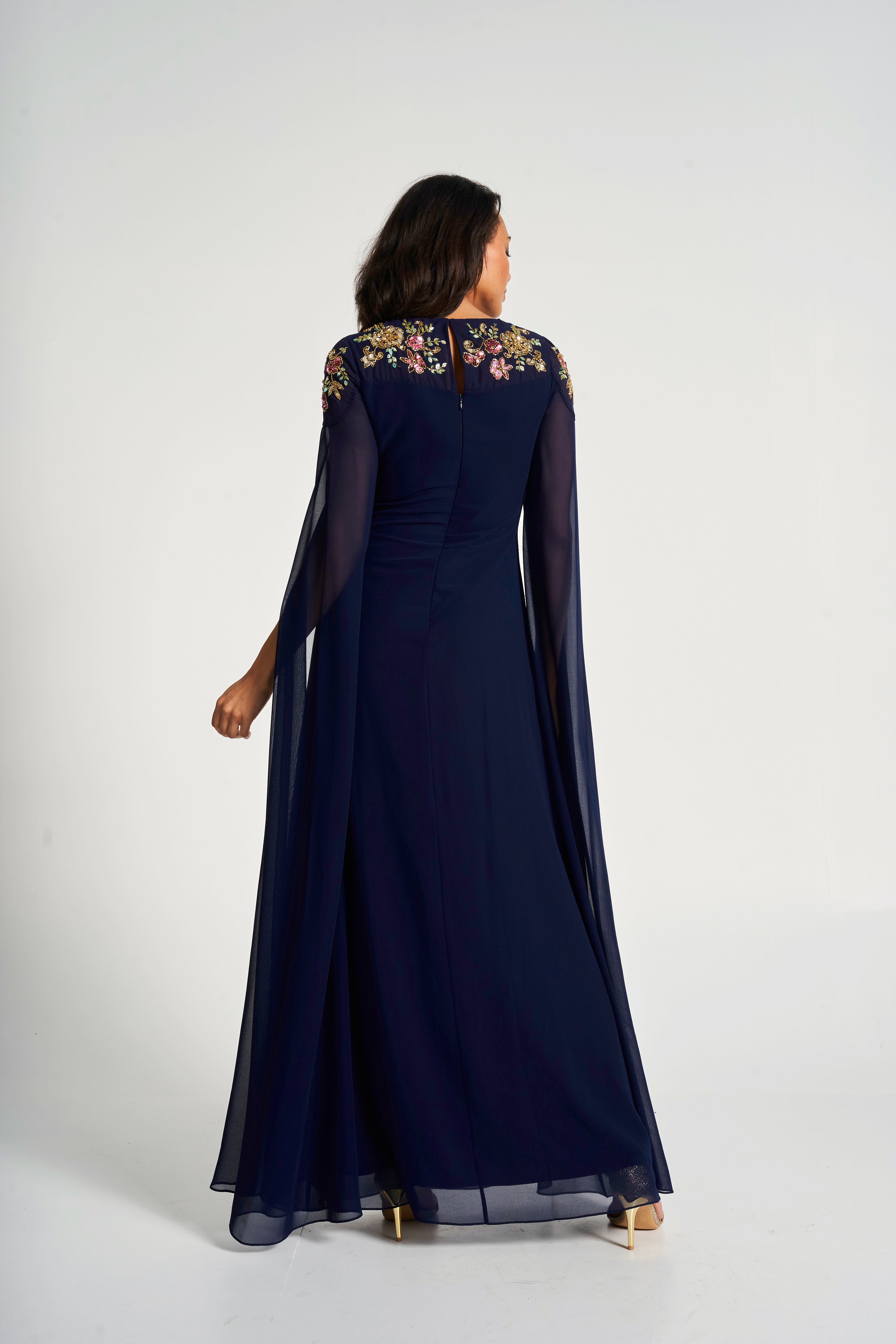 Aster Navy Floral Embellished Cape Sleeve Maxi Dress