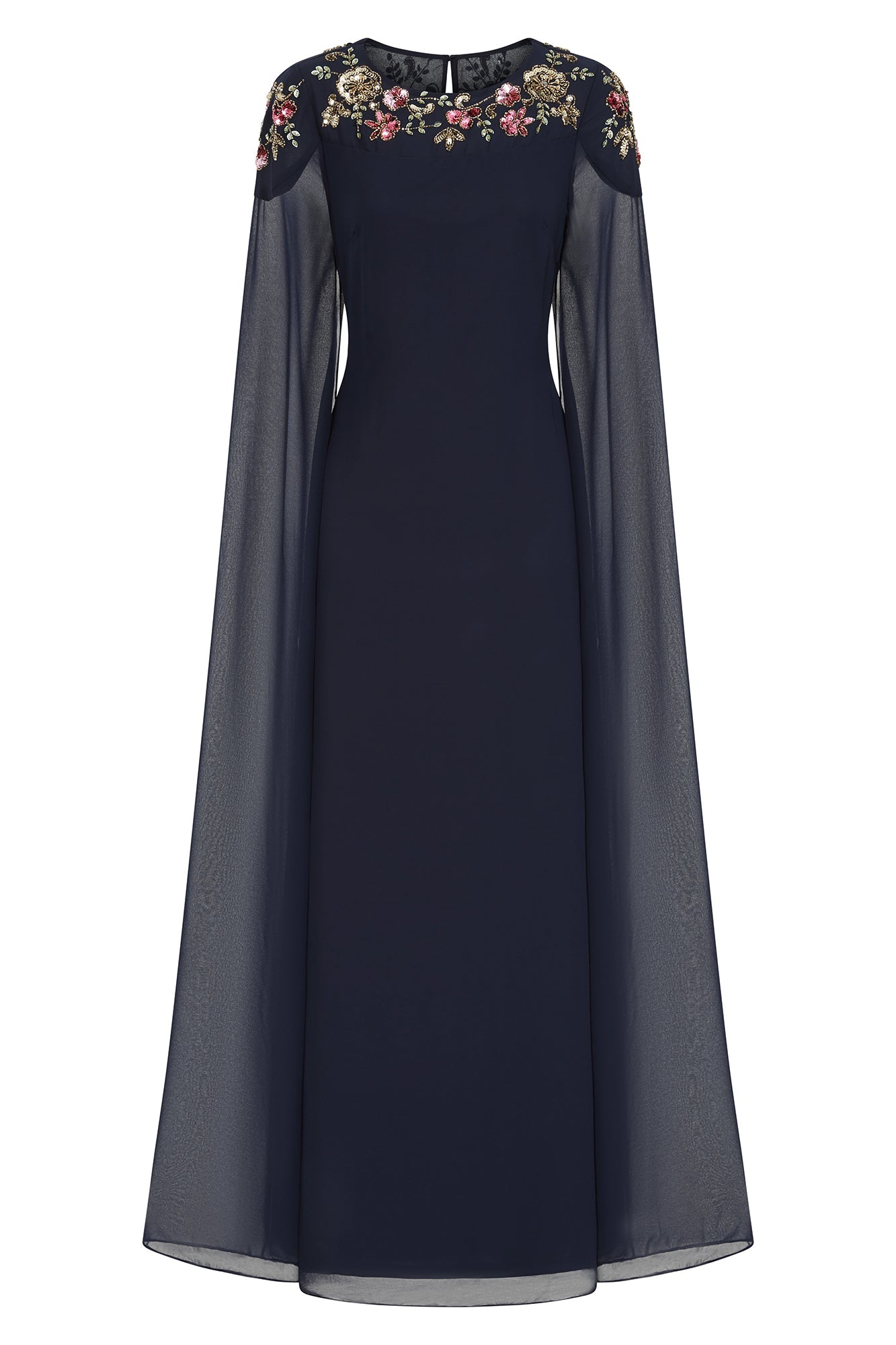 Aster Navy Floral Embellished Cape Sleeve Maxi Dress