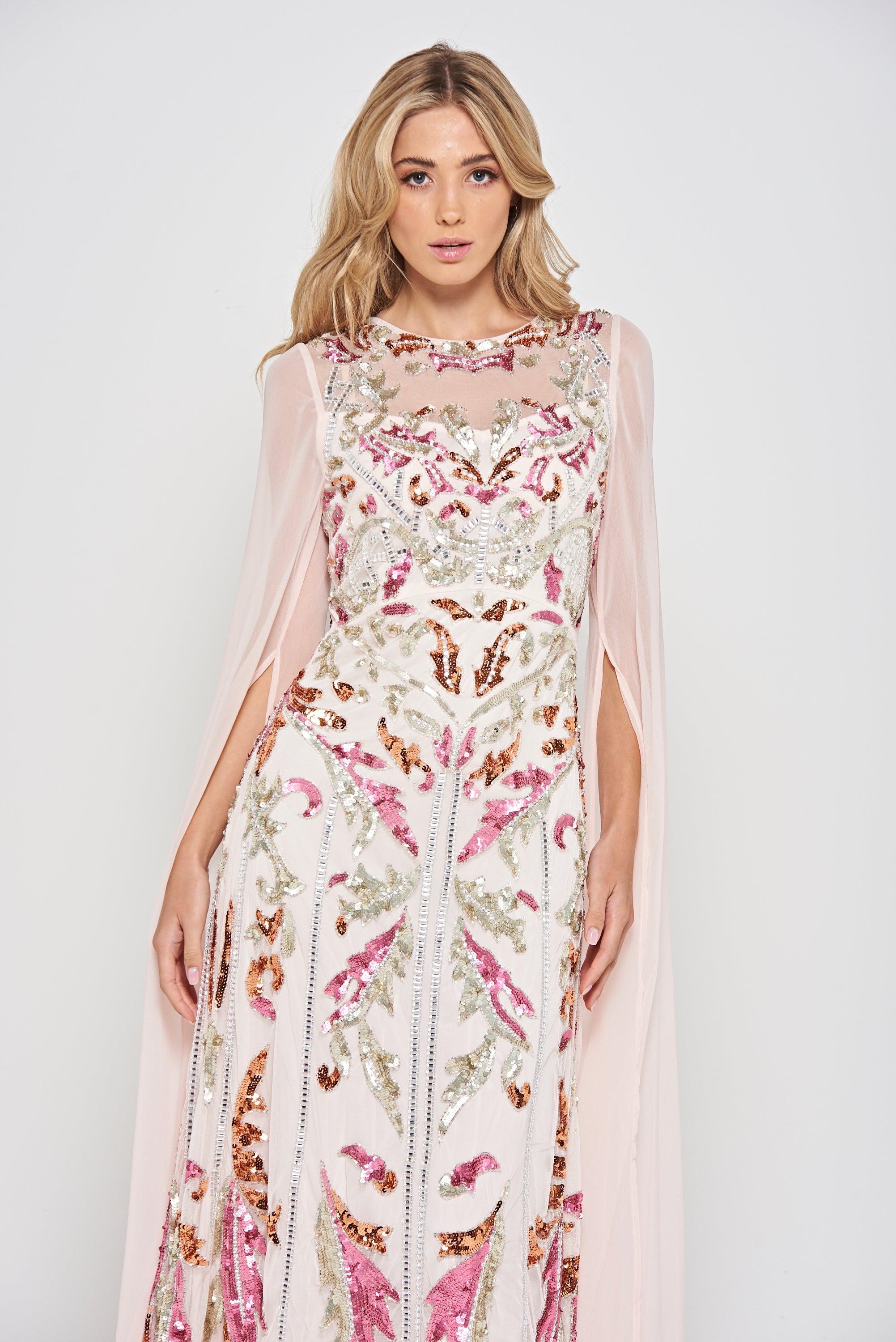 Aurelia Shell Embellished Cape Sleeve Maxi Dress 