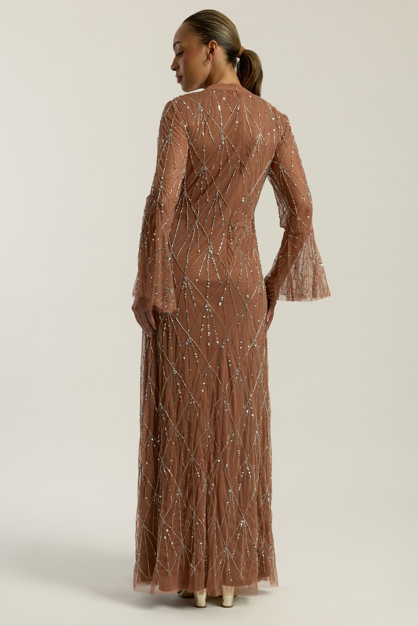 Aurielle Flared Sleeve Sequin Maxi Dress by Amelia Rose – modest long-sleeved maxi gown with delicate sequin embellishments, perfect for weddings and evening events