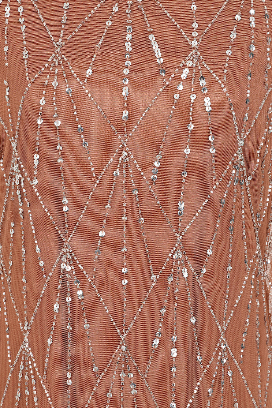 Aurielle Flared Sleeve Sequin Maxi Dress by Amelia Rose – modest long-sleeved maxi gown with delicate sequin embellishments, perfect for weddings and evening events