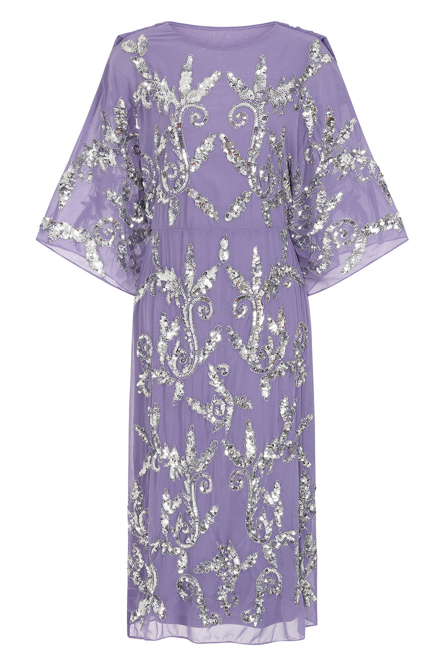 Ava lilac embellished midi dress with silver beadwork, relaxed sleeves and elegant cowl back detail for special occasions.