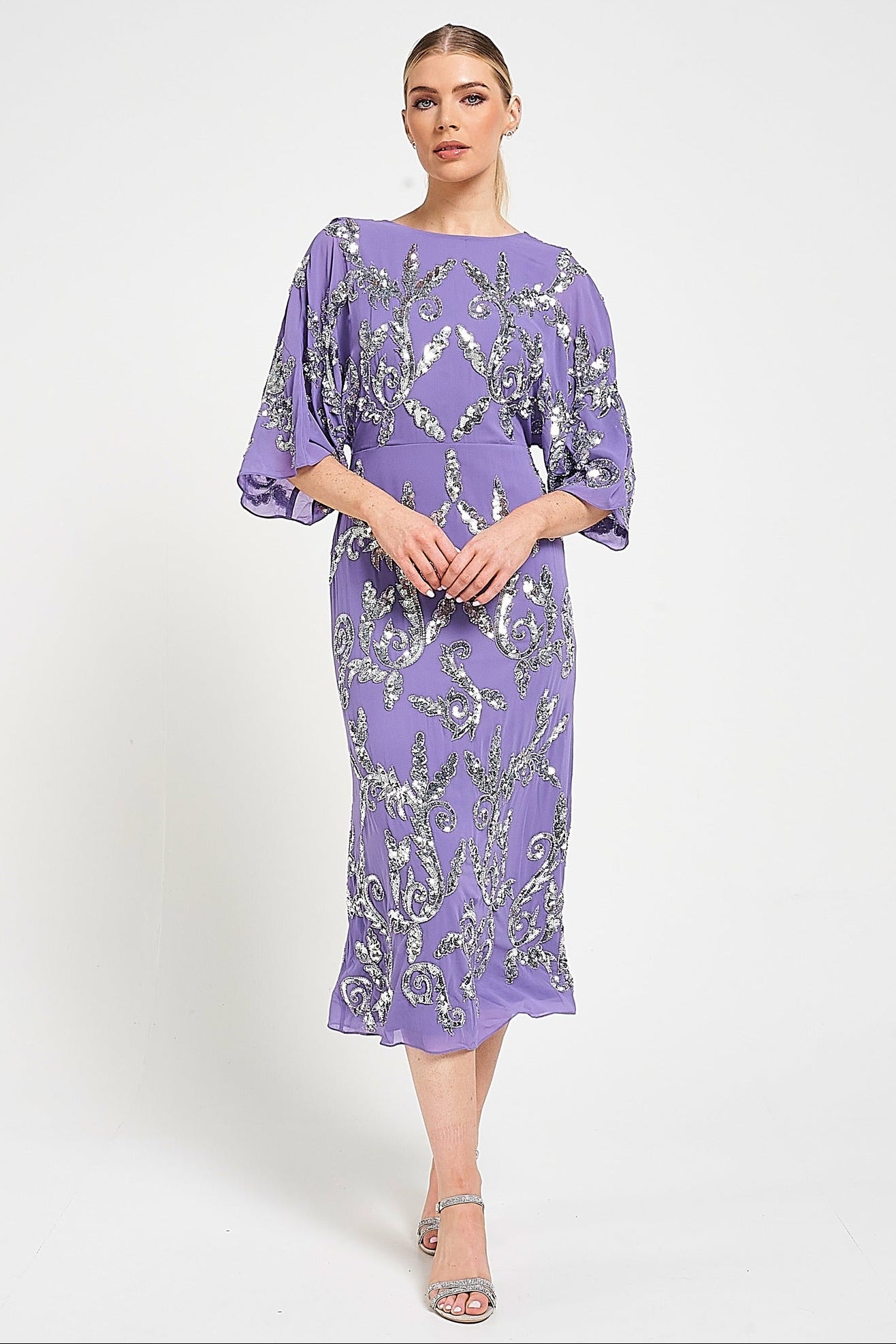 Ava lilac embellished midi dress with silver beadwork, relaxed sleeves and elegant cowl back detail for special occasions.
