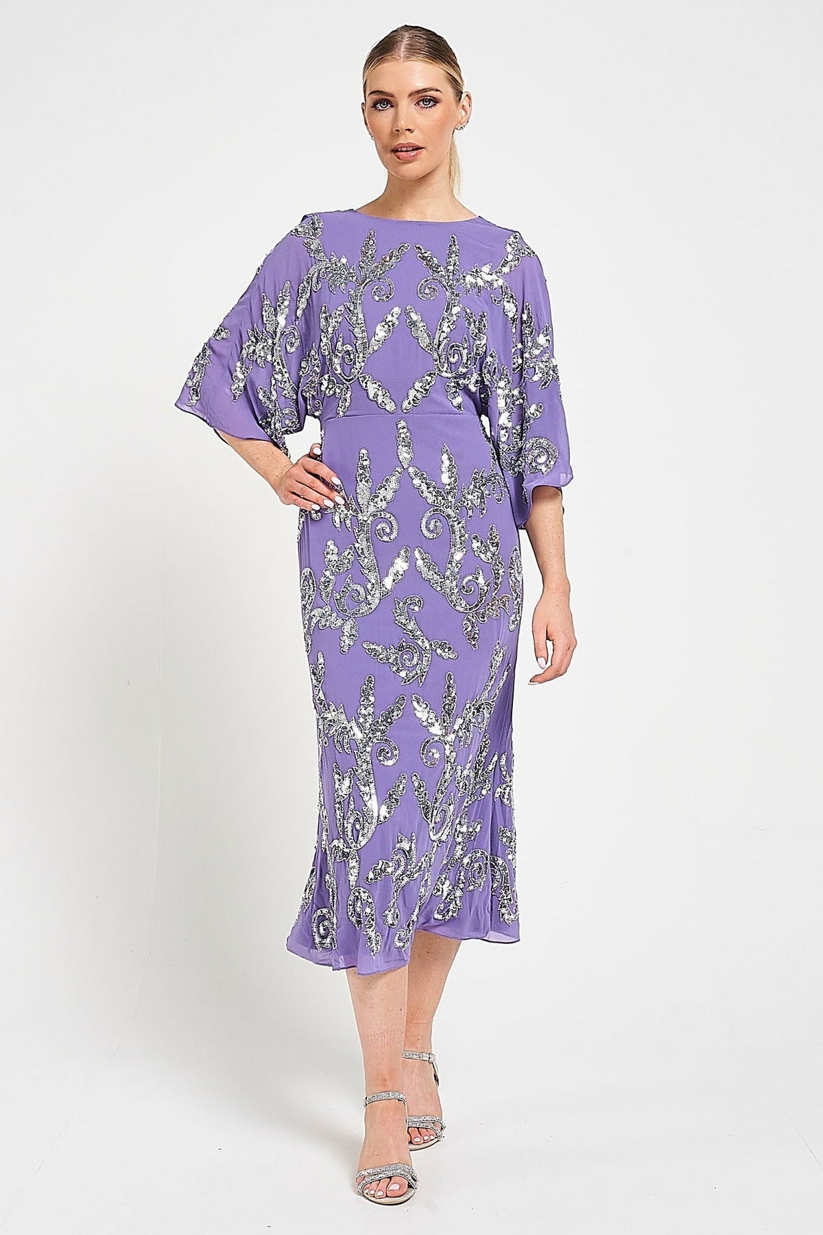 Ava lilac embellished midi dress with silver beadwork, relaxed sleeves and elegant cowl back detail for special occasions.