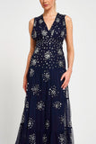 Aveline navy embellished sleeveless maxi dress with v-neck bodice, silver beadwork and tiered skirt, full-length formal occasion dress