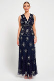 Aveline navy embellished sleeveless maxi dress with v-neck bodice, silver beadwork and tiered skirt, full-length formal occasion dress